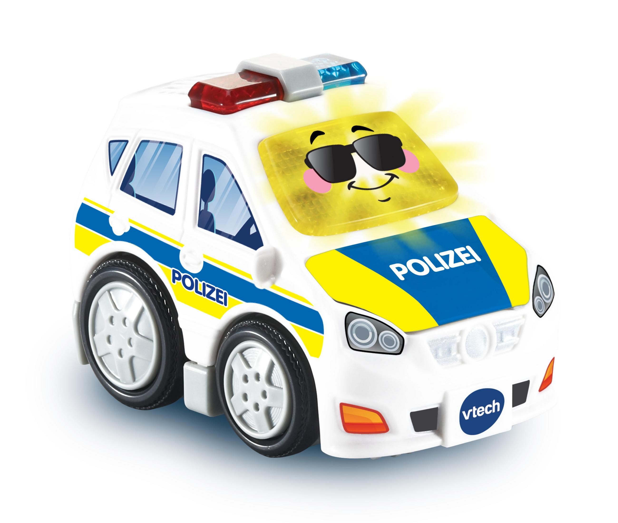 Spielzeug-Polizeiauto mit Blinklicht und einem lächelnden Gesicht auf der Windschutzscheibe. Das Wort POLIZEI ist sichtbar.