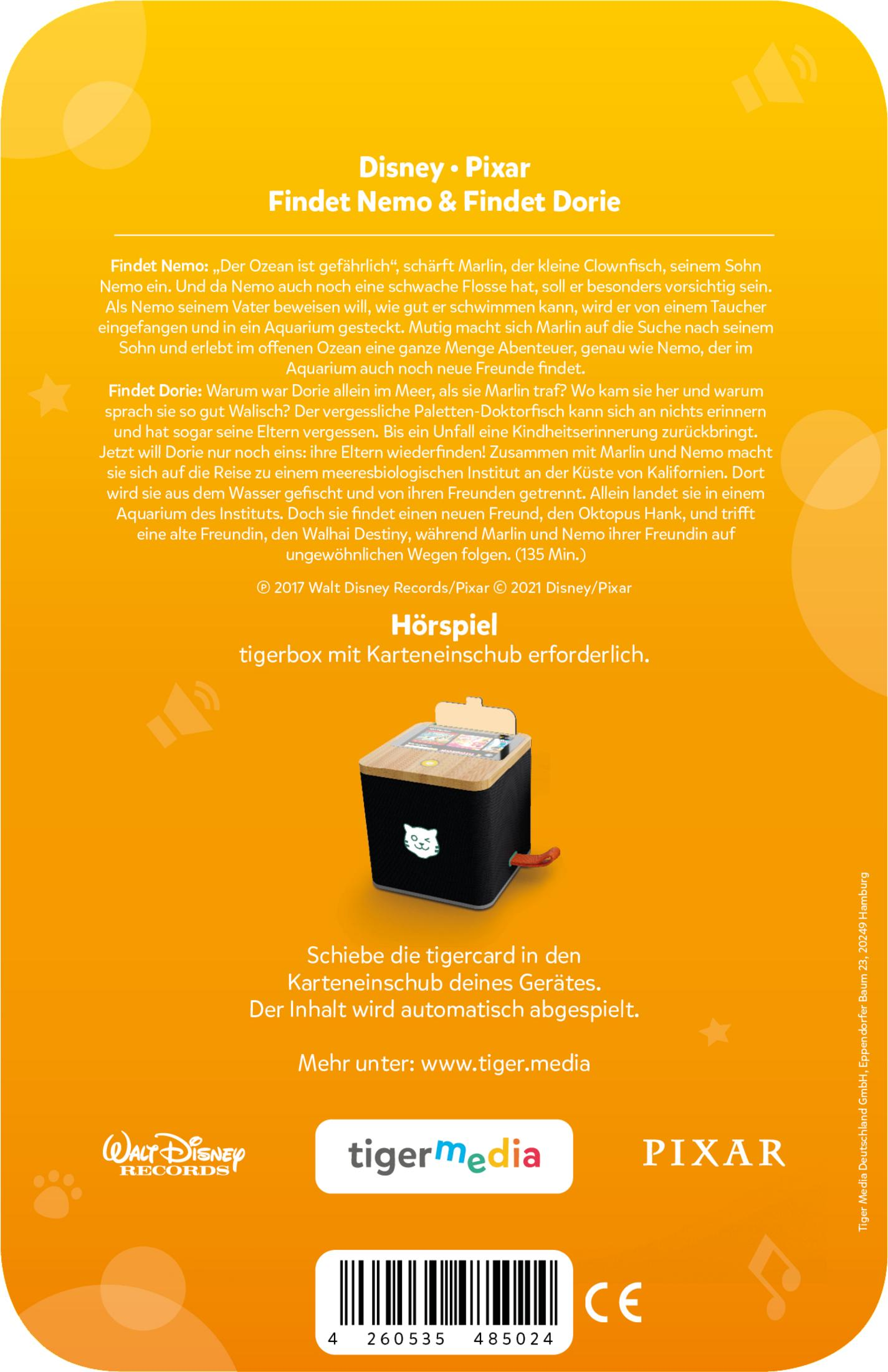 Rückseite einer Disney Pixar Hörspielbox mit Text und tigerMedia Logo.