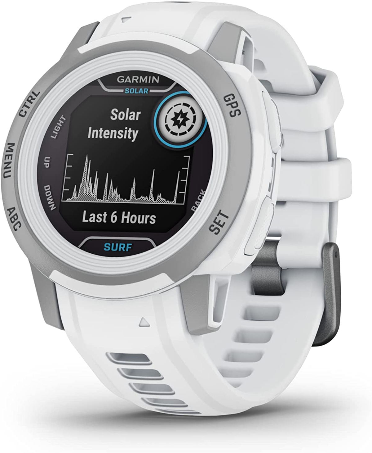 Smartwatch Garmin con correa blanca. La pantalla muestra datos de intensidad solar y el texto 'SURF'.
