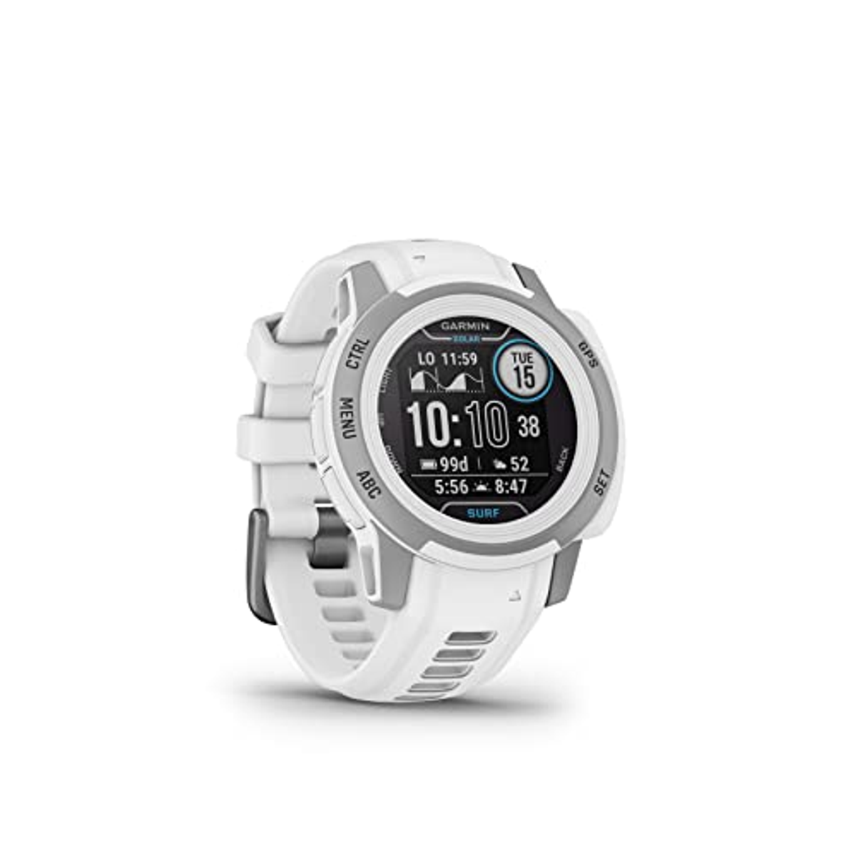 Un reloj Garmin Instinct Solar que muestra la hora y los datos de actividad sobre un fondo blanco.