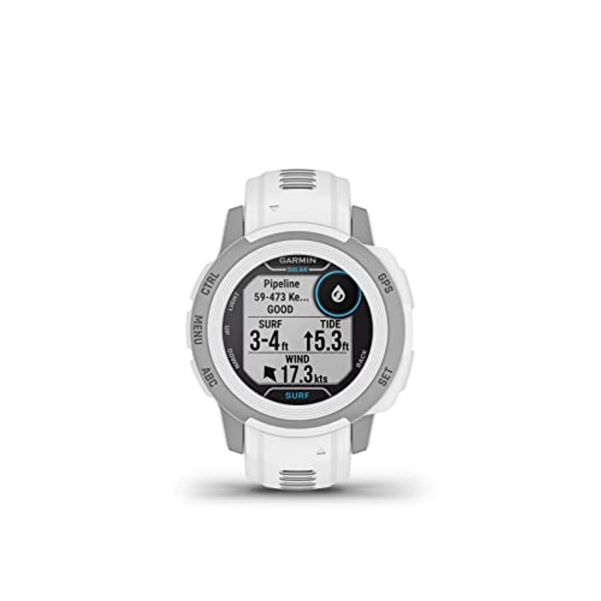 Un reloj Garmin blanco que muestra las condiciones de marea, viento y surf.