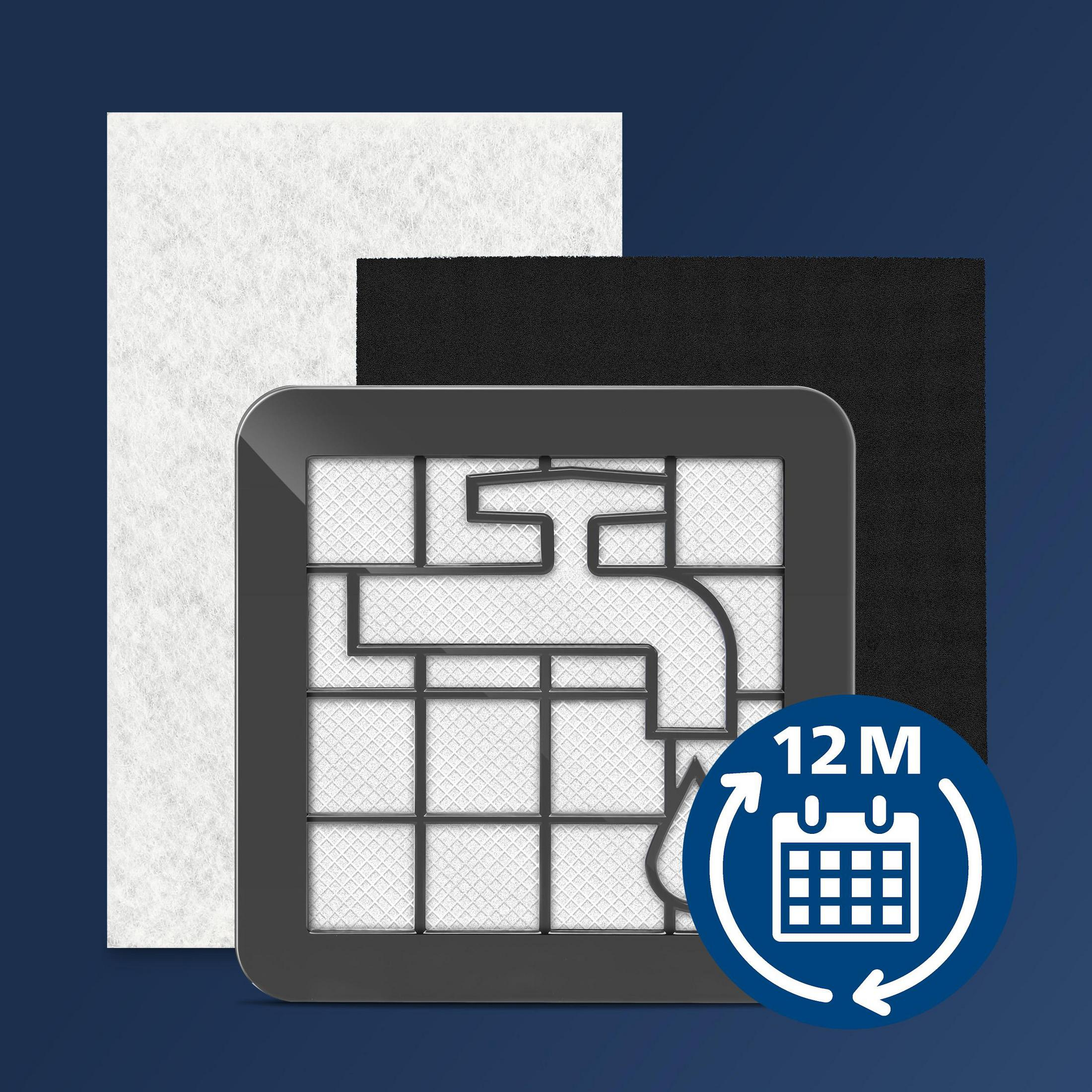 Elementy filtra powietrza: biały, czarny i oprawiony filtr z ikoną kalendarza.