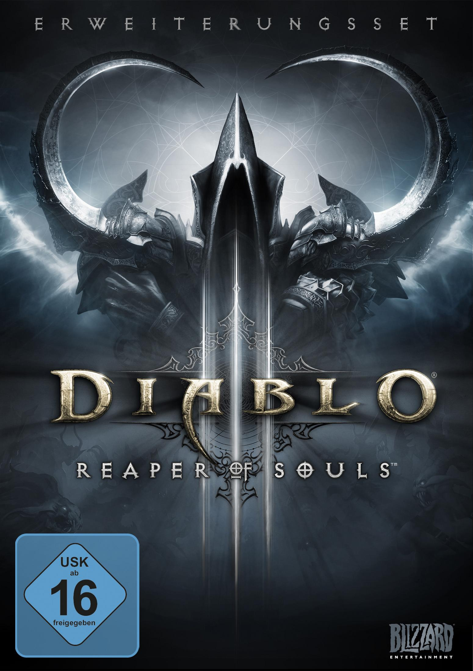 Okładka gry Diablo III Reaper of Souls. Ciemna postać z kapturem i skrzydłami jest centralnym obrazem.