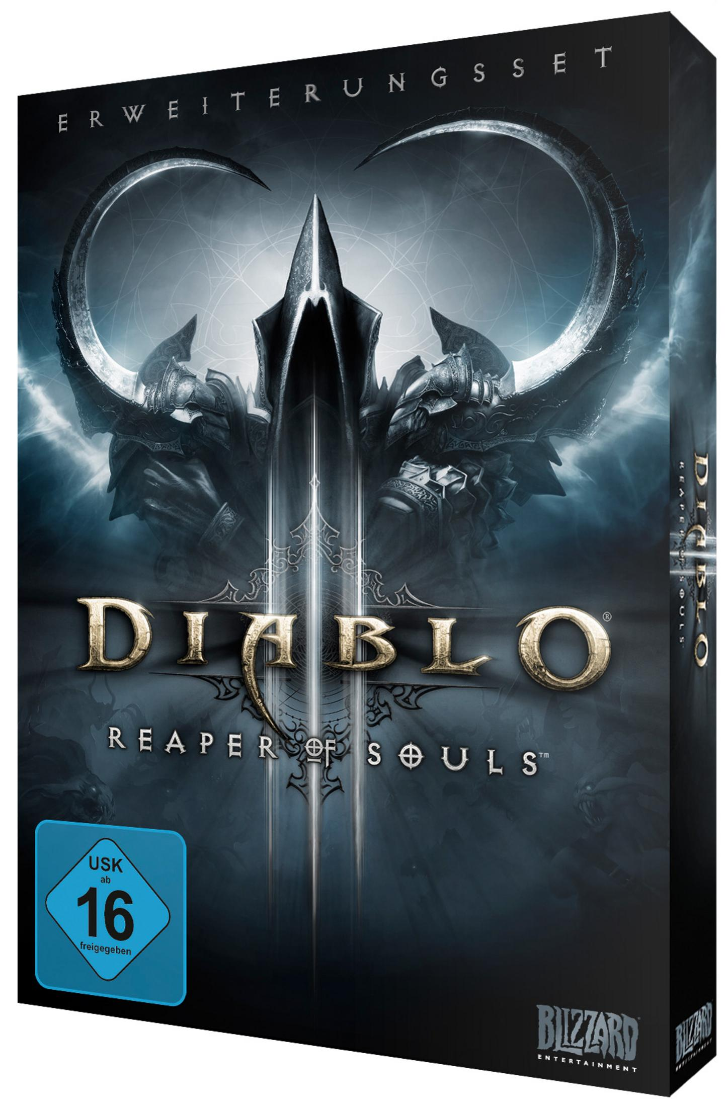 Pudełko gry Diablo III: Reaper of Souls. Okładka przedstawia mroczną postać z mieczem i ciemnym tłem.
