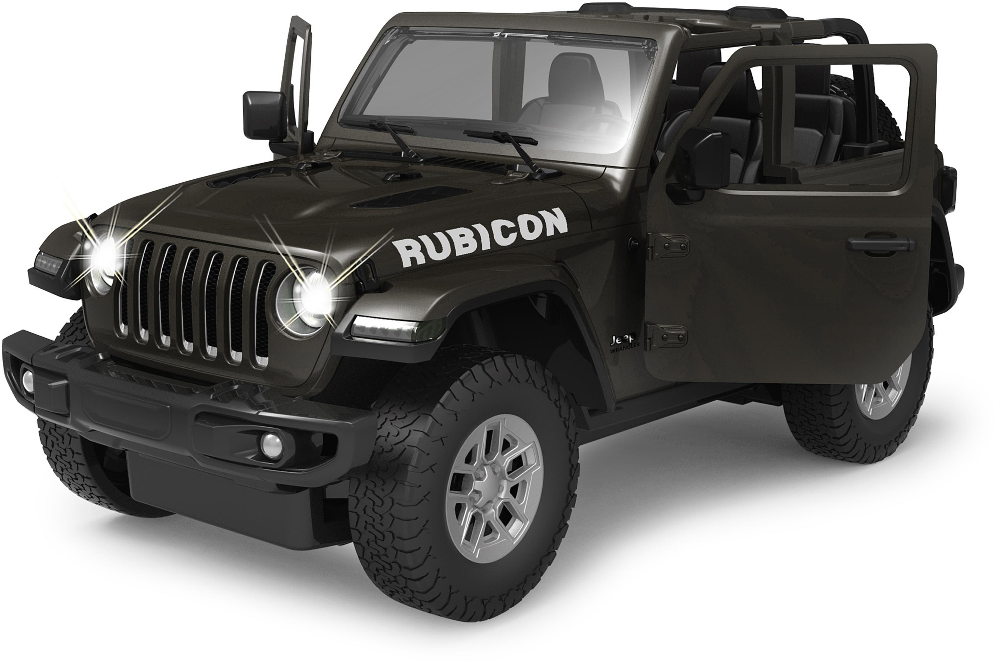 Dunkelgrüner Rubicon Jeep. Türen sind offen. Scheinwerfer sind an. Das Wort RUBICON ist auf der Motorhaube sichtbar.