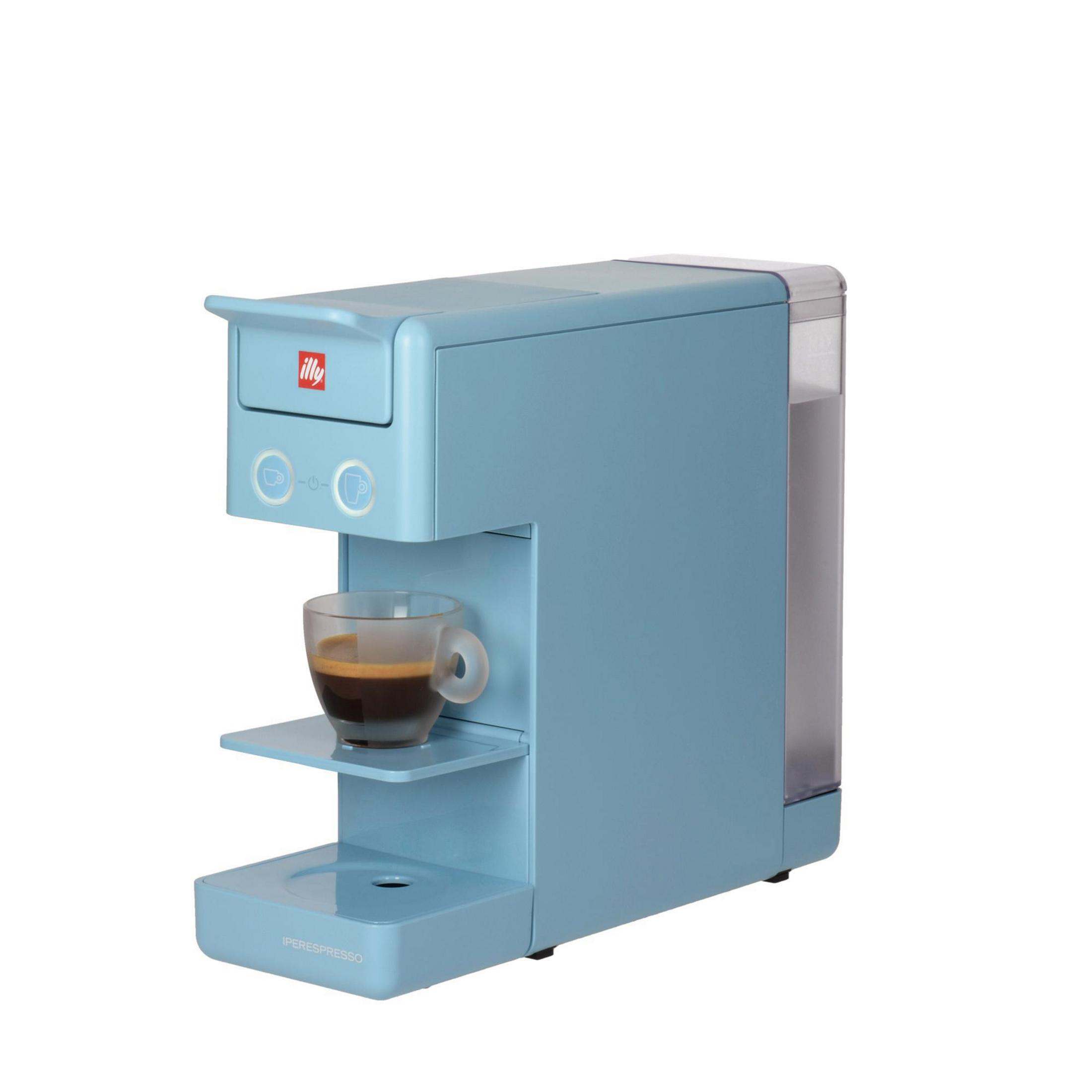 Blaue Illy iperEspresso Kaffeemaschine mit Kaffeetasse und Wassertank auf weißem Hintergrund.