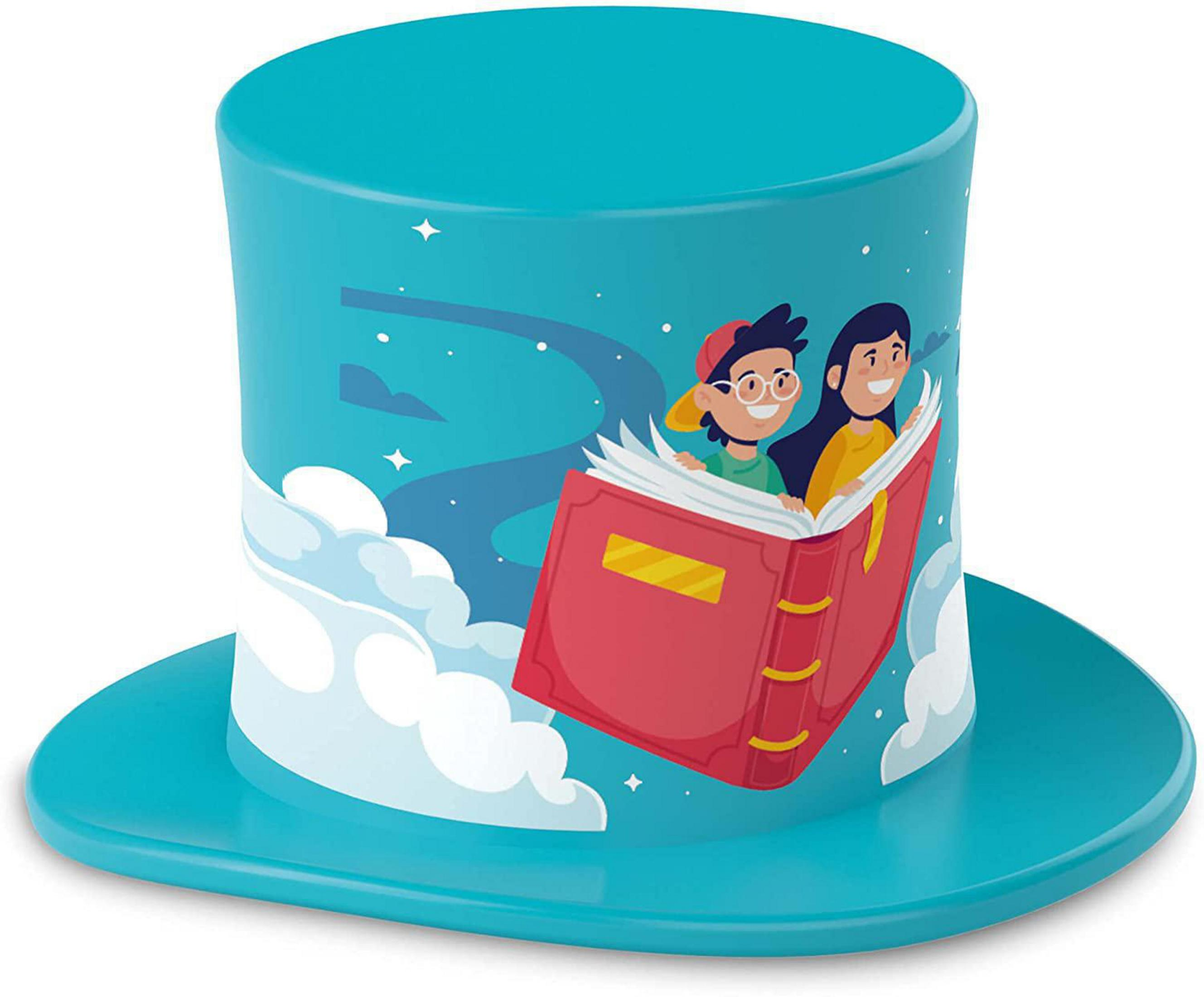 Blauer Zylinderhut mit Buch und zwei Kindern. Im Hintergrund eine Straße und Sterne.