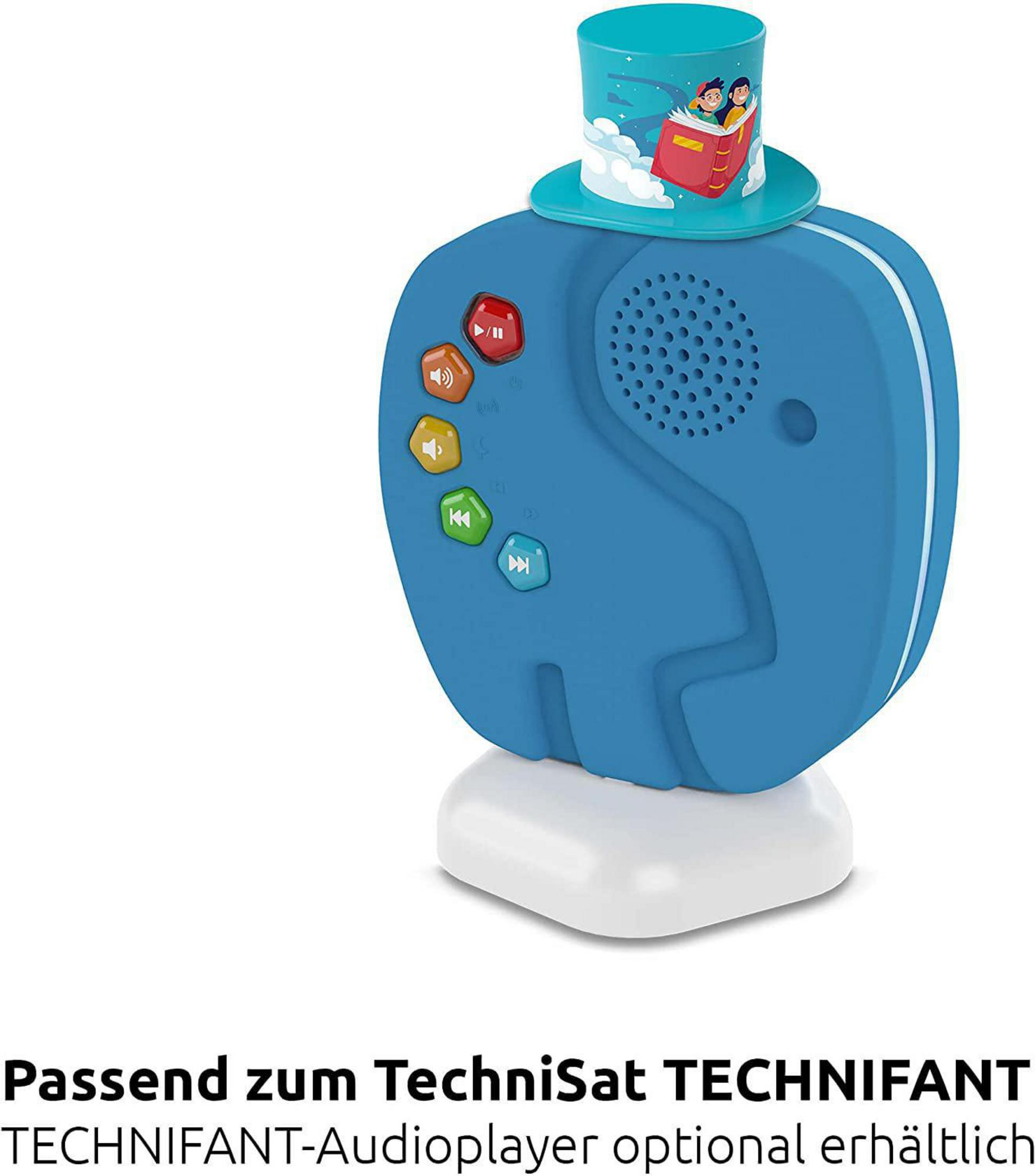 Ein blaues elefantenförmiges Spielzeug mit Knöpfen und einem kleinen Hut auf weißer Basis.