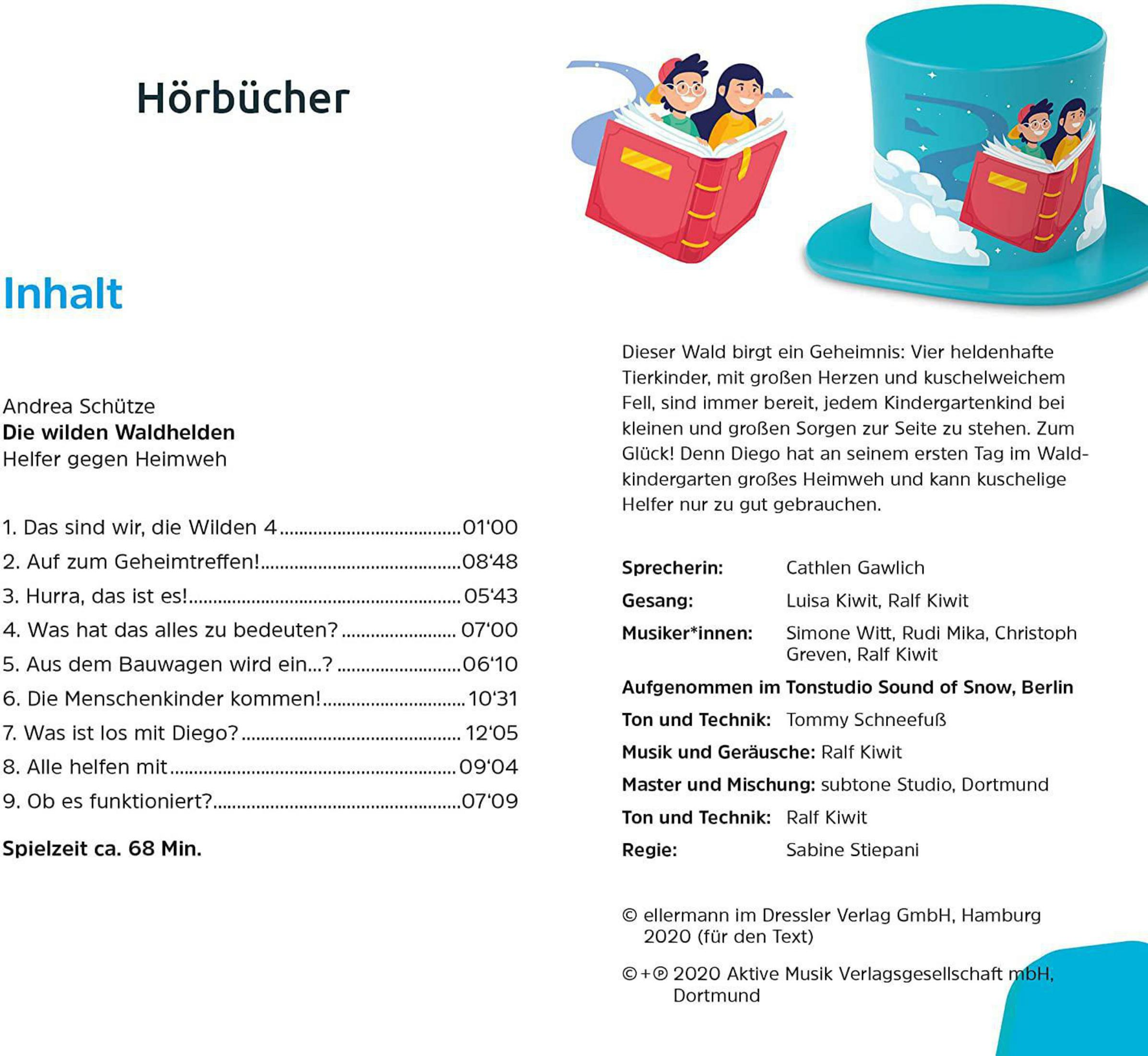 Bild zeigt ein Buchcover mit Text und Illustrationen zu Hörbüchern für Kinder.