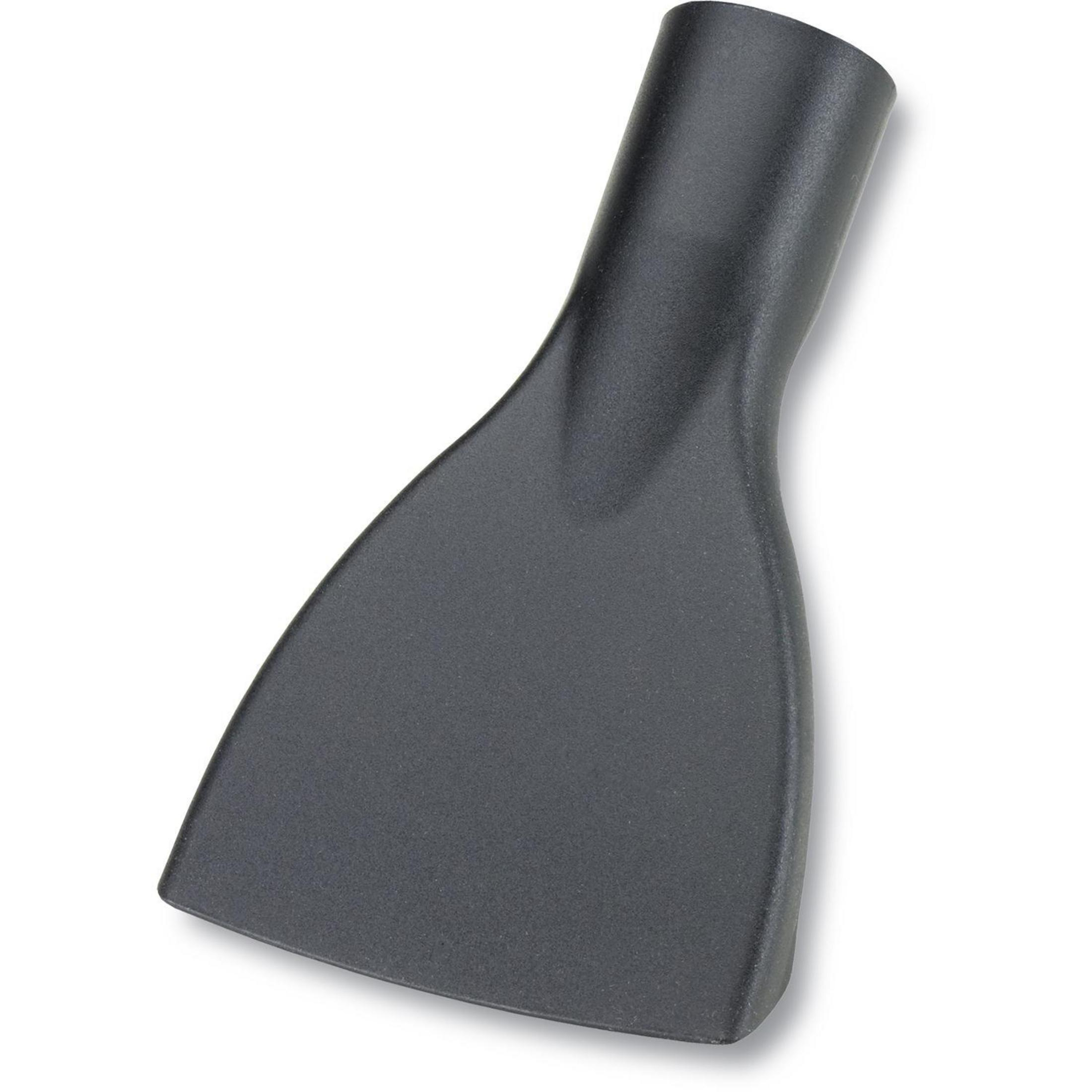 Schwarze, abgewinkelte Düse für ein Reinigungsgerät auf weißem Hintergrund.