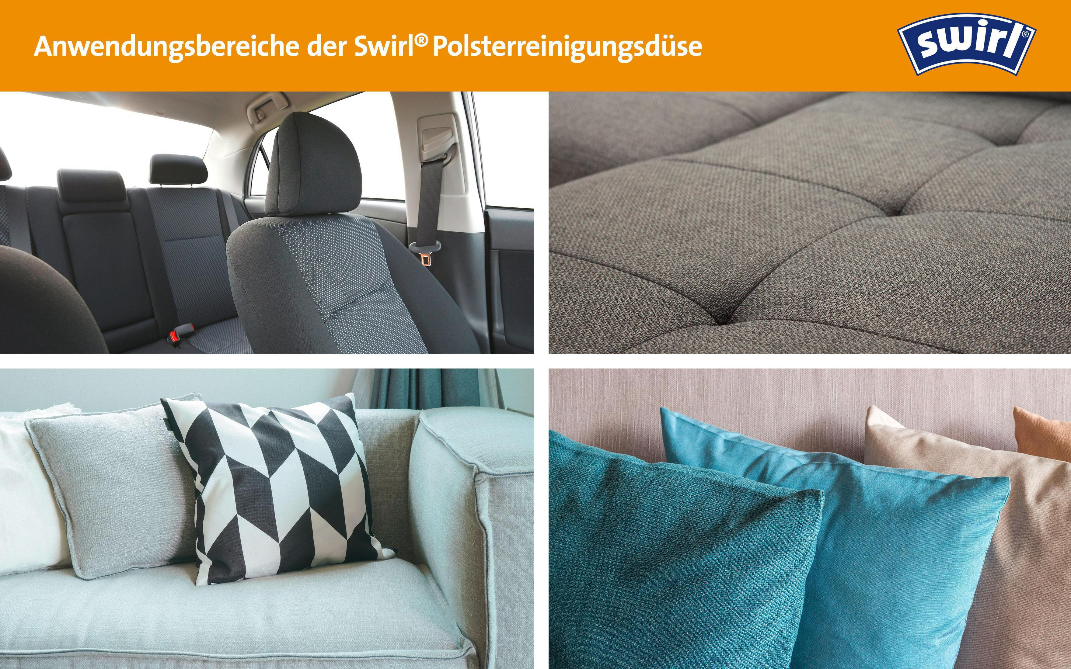 Eine Collage von Bildern: Autositze, Kissen auf einer Couch und andere Innendetails.