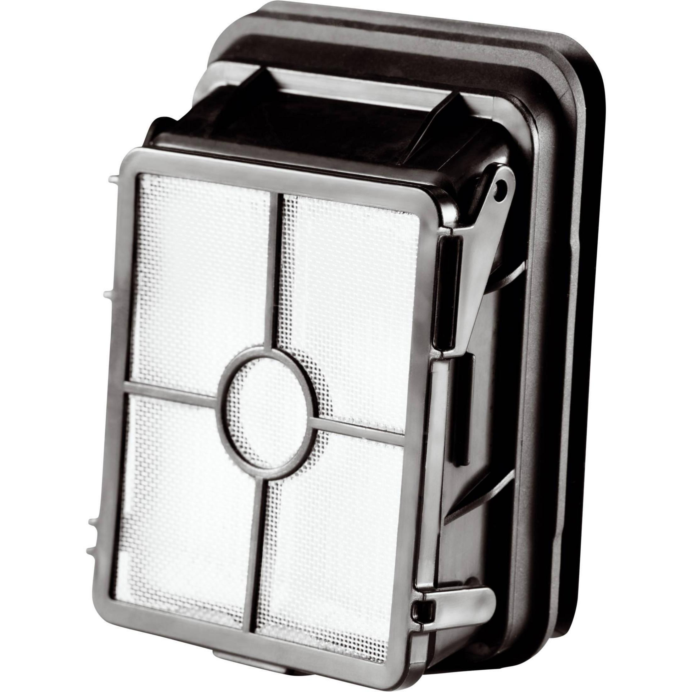 Filtro per aspirapolvere nero. Il filtro ha una rete bianca, una cornice nera e un fermo.