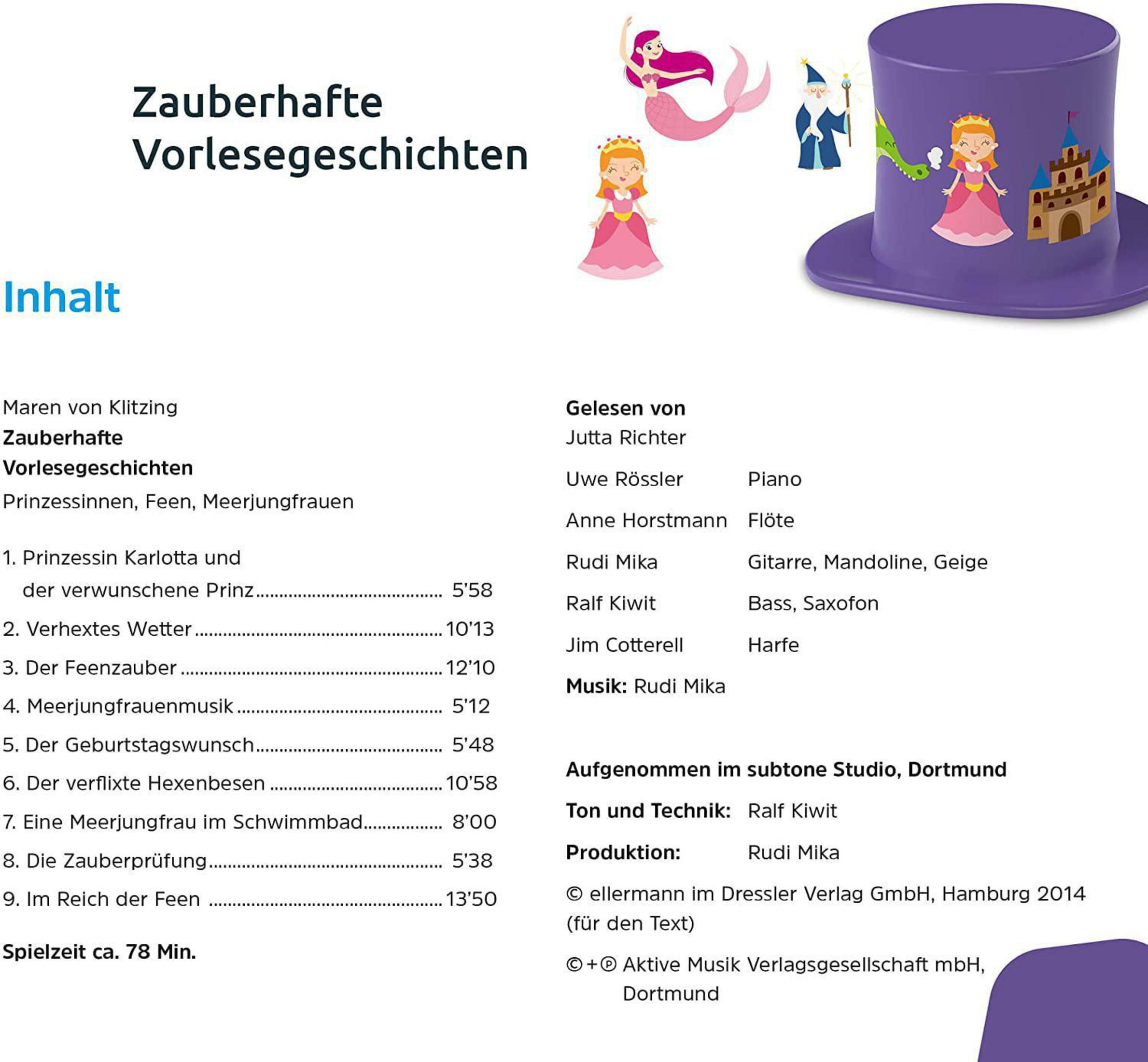 Inhaltsverzeichnis eines Kinderbuchs mit Märchen. Illustrationen zeigen eine Meerjungfrau und ein Schloss.