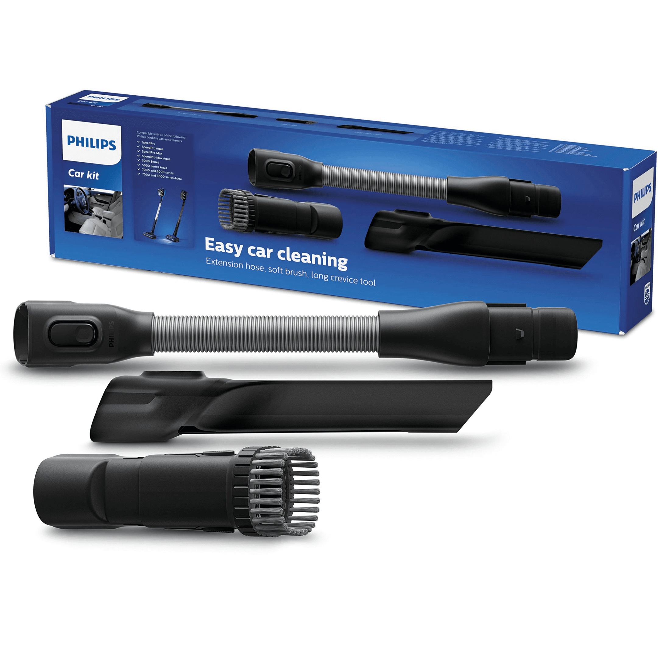 Accesorios para un kit de coche para una aspiradora, expuestos contra una caja azul. Incluye mangueras y herramientas.