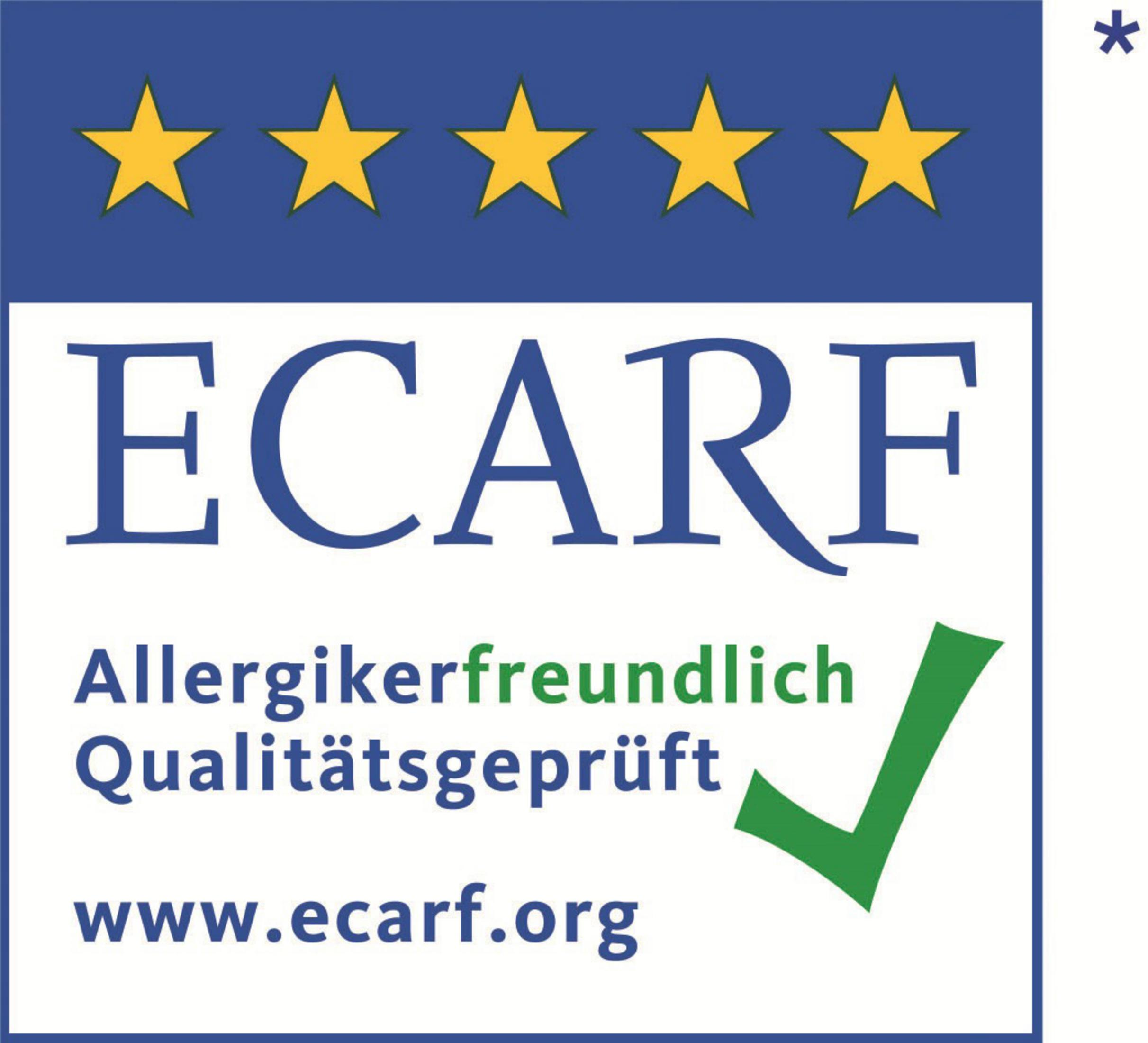 Il logo ECARF con cinque stelle d'oro, sfondo blu e un segno di spunta verde.