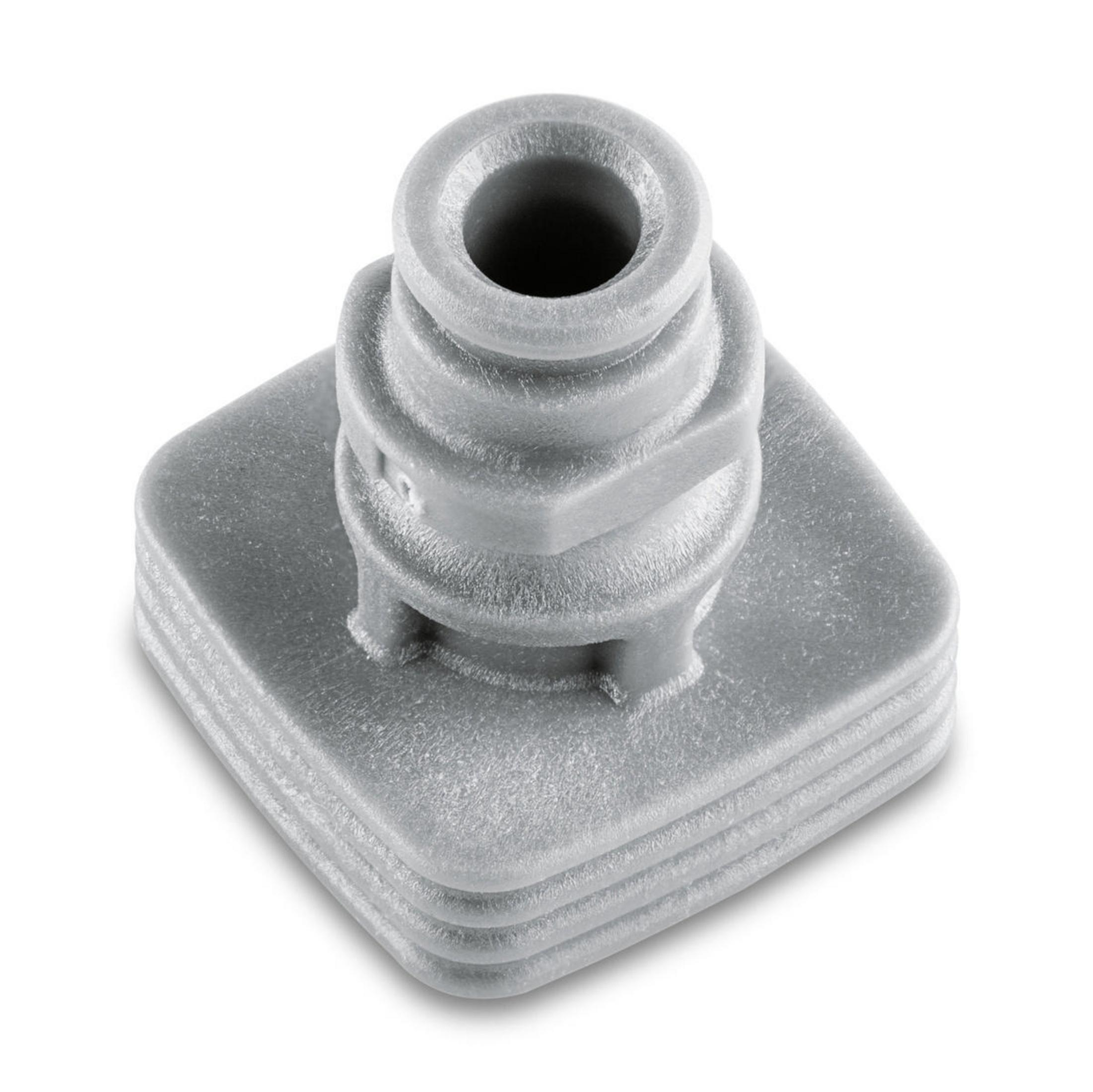 Enchufe de plástico gris con base cuadrada y parte superior circular.