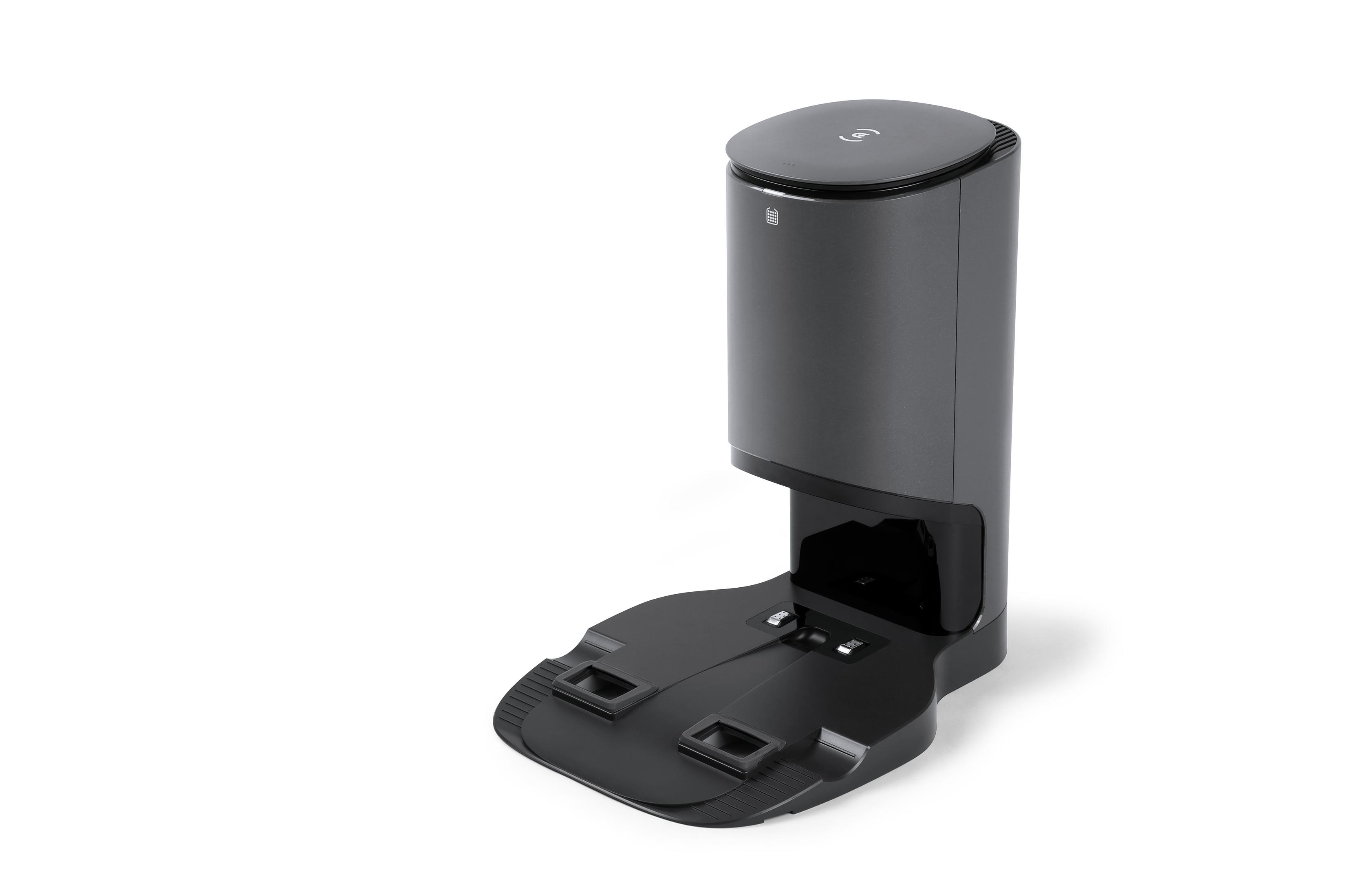 Aspirapolvere robotico grigio con stazione di ricarica. Grigio, nero e bianco.