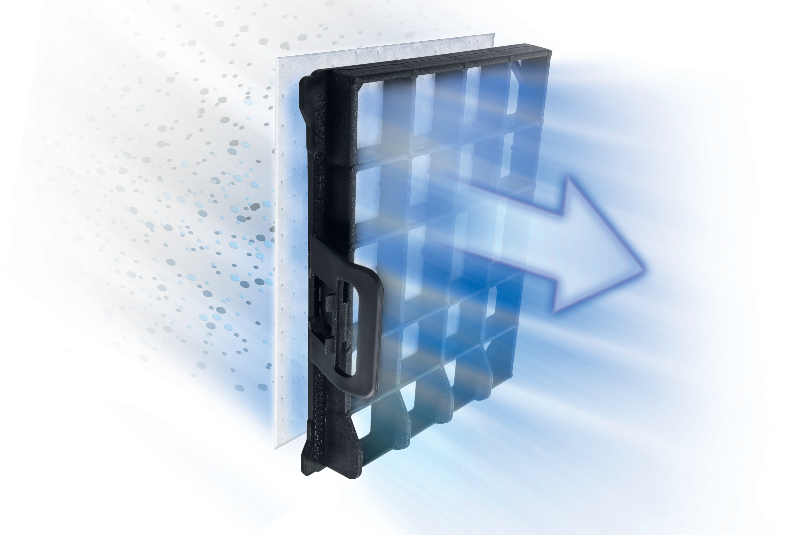 Czarny filtr powietrza z białym elementem filtrującym, z niebieską strzałką wskazującą przepływ powietrza.