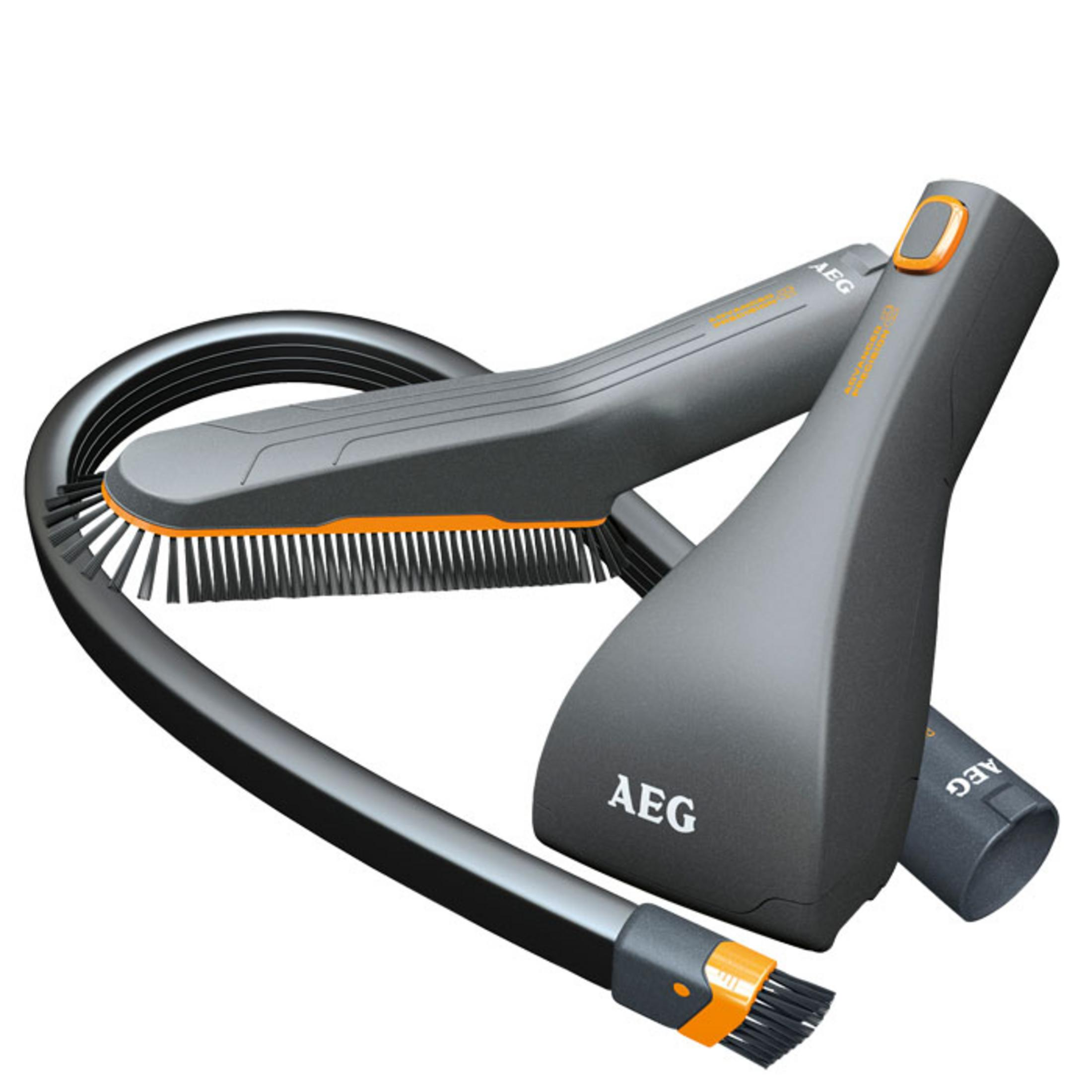 Accesorios de aspiradora AEG: manguera flexible, cepillos y boquilla.