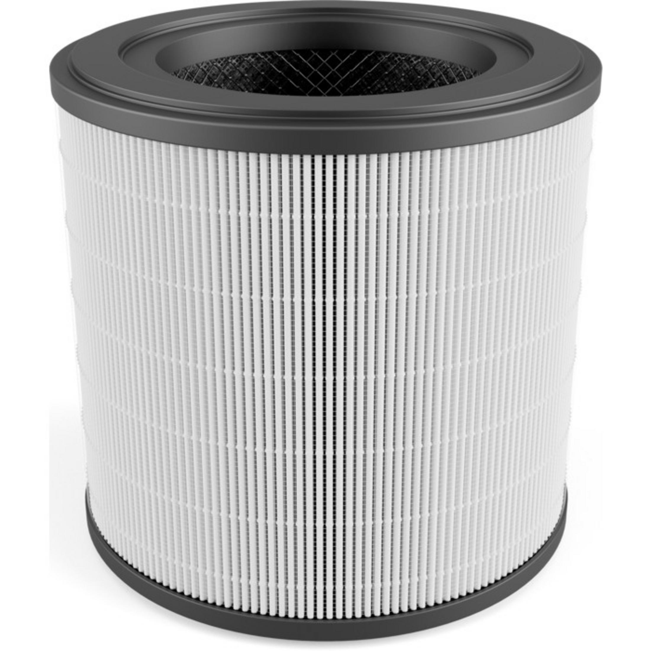 Luftfilter mit weißem, plissiertem Filtermaterial, schwarzem Ober- und Unterteil. Zylindrische Form, zur Luftreinigung.