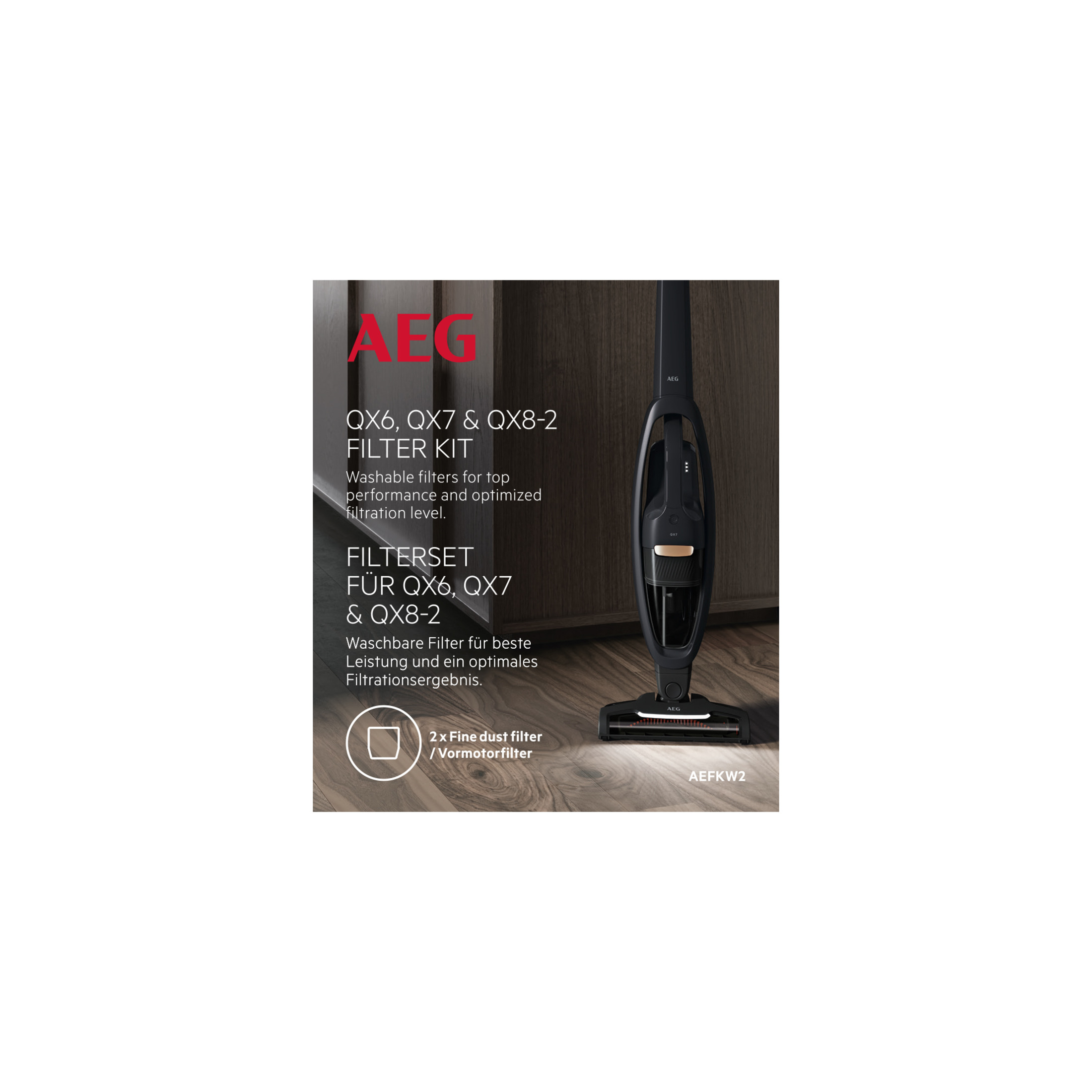 Kit filtro AEG QX6, QX7 e QX8-2 nero. Aspirapolvere con testo e schema su sfondo bianco.