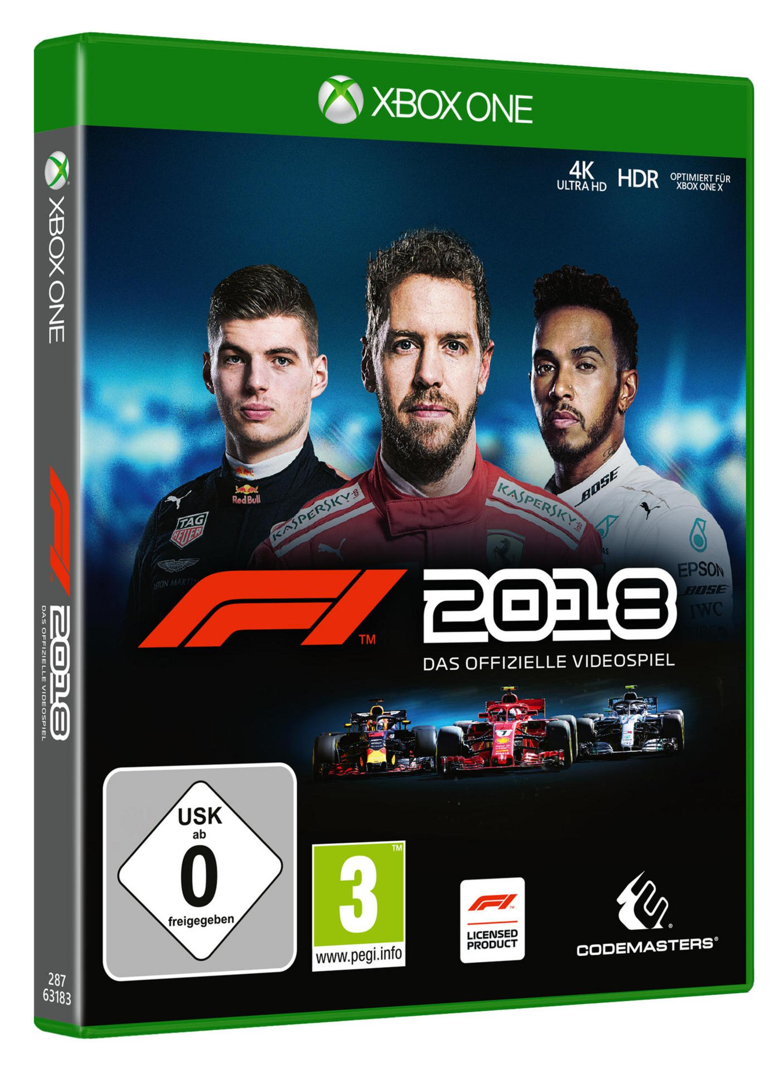 Xbox One Spielbox für F1 2018 mit Rennfahrern und Autos.