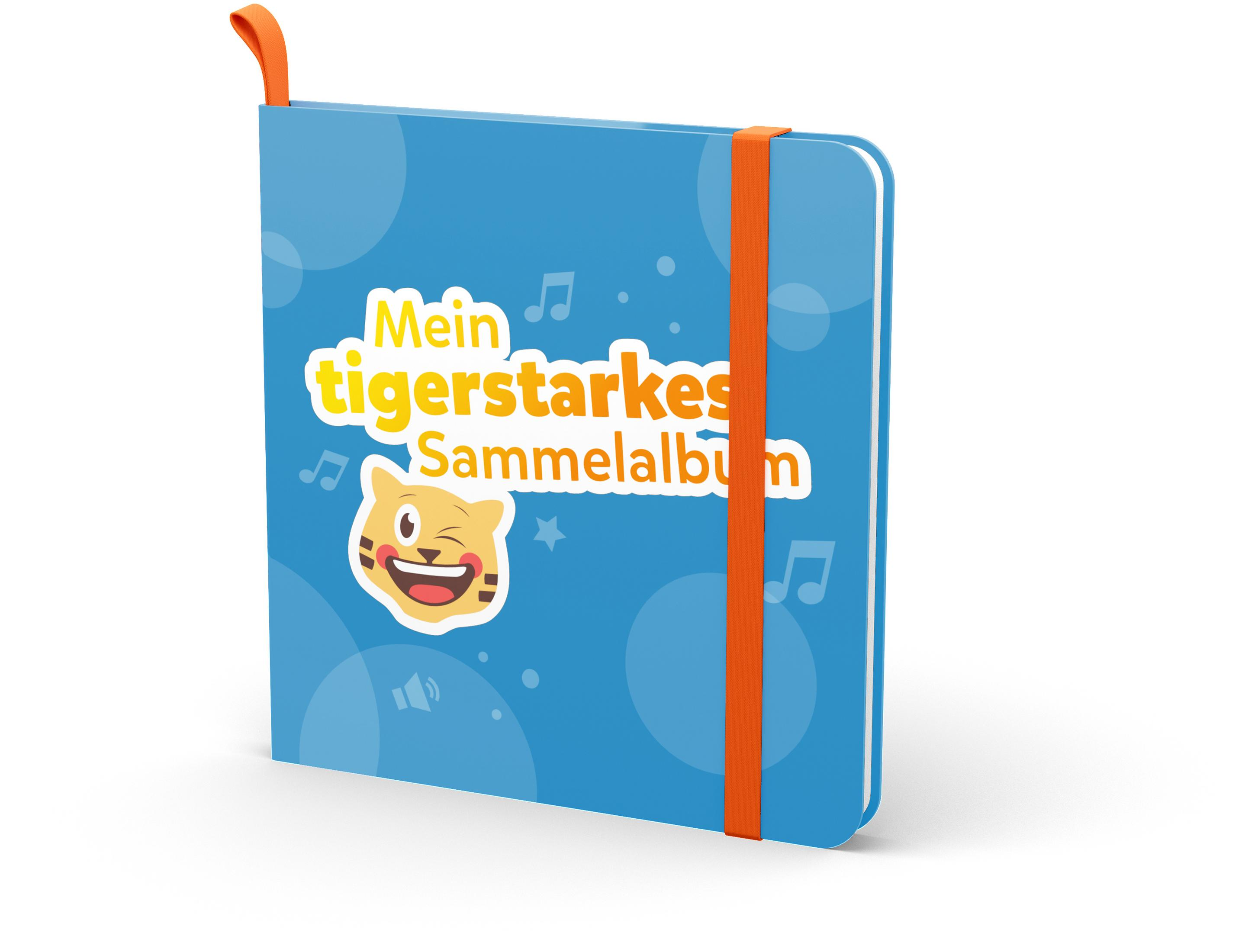 Blaues Buch mit dem Titel 'Mein tigerstarkes Sammelalbum', mit Tiger-Illustration und orangefarbenem Band.