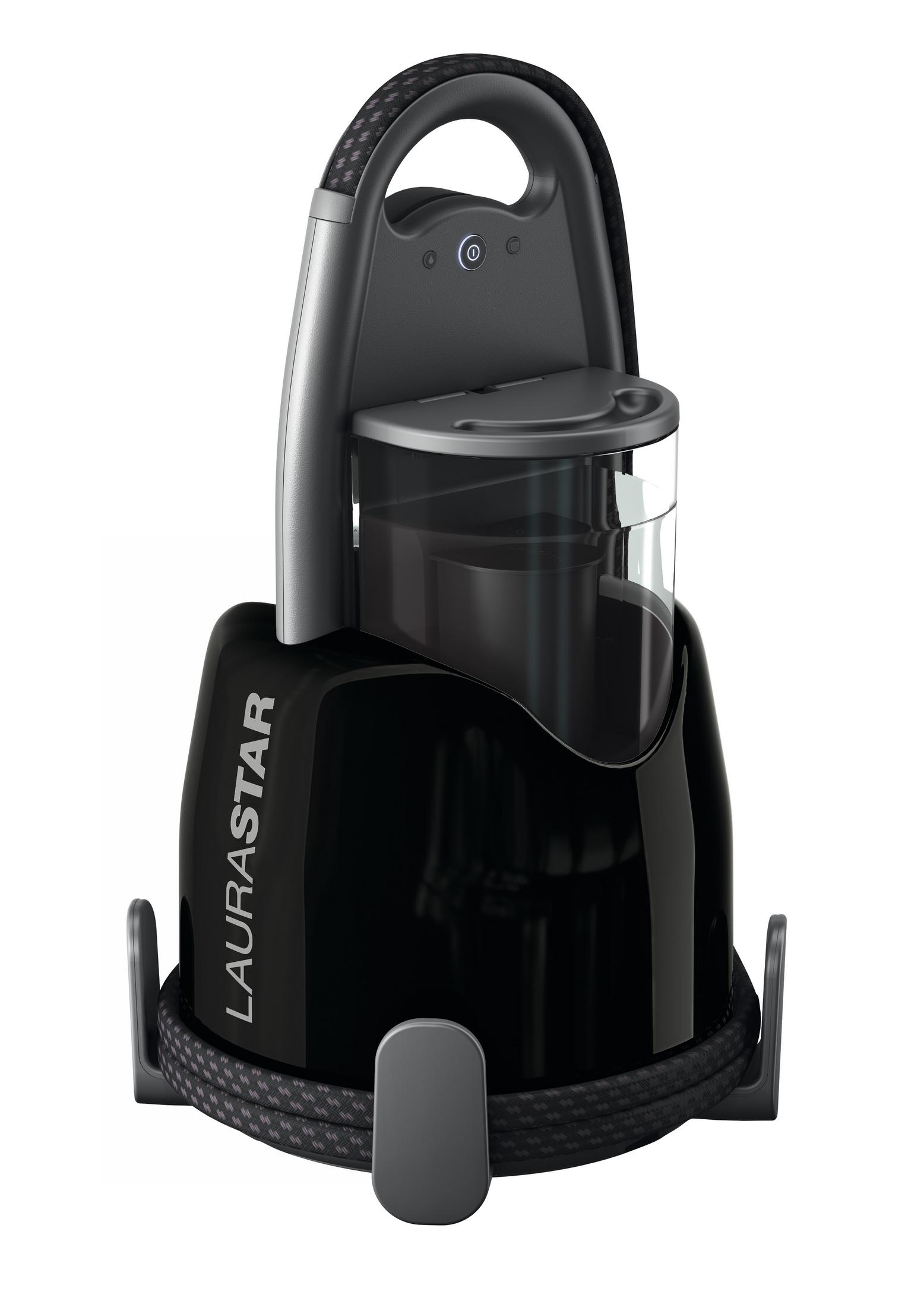 Ein schwarzes Laurastar Bügelsystem, das Bügeleisen und den Schlauch zeigt.