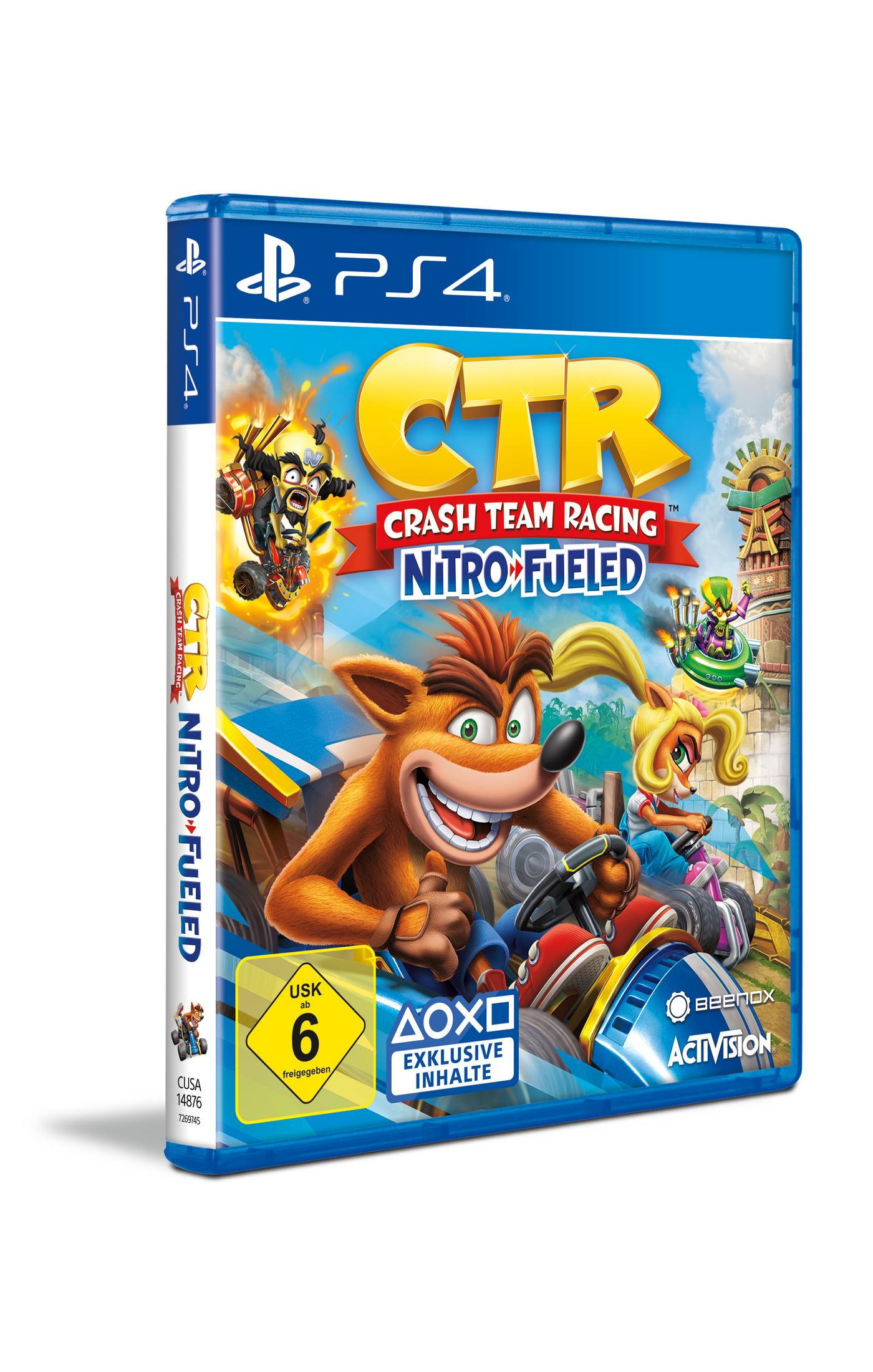 PS4-Spielcover. Crash Bandicoot, Nitro Fueled, Crash Team Racing und Coco in einem Rennwagen.
