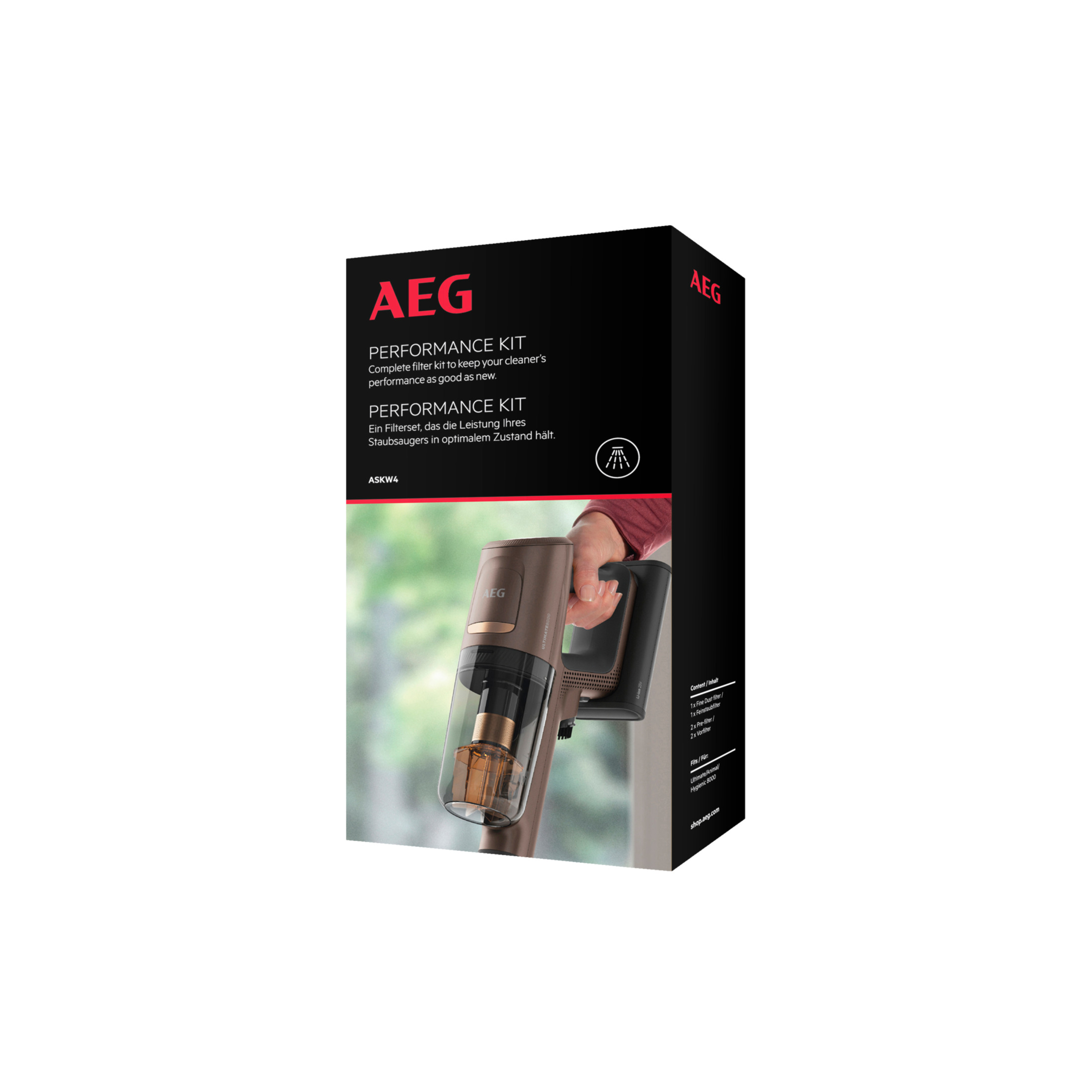 Una caja de producto de una aspiradora AEG con una aspiradora inalámbrica y accesorios.