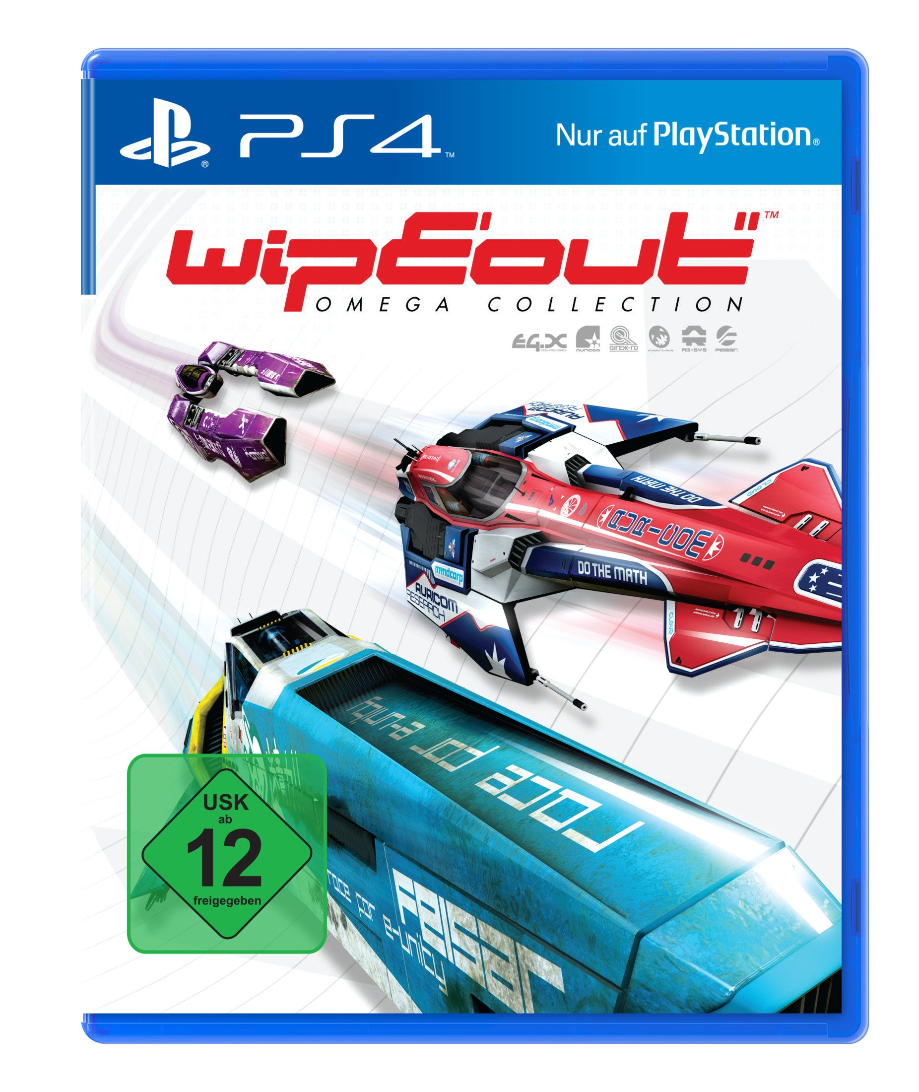 PS4-Spielcover für Wipeout Omega Collection mit Rennschiffen.