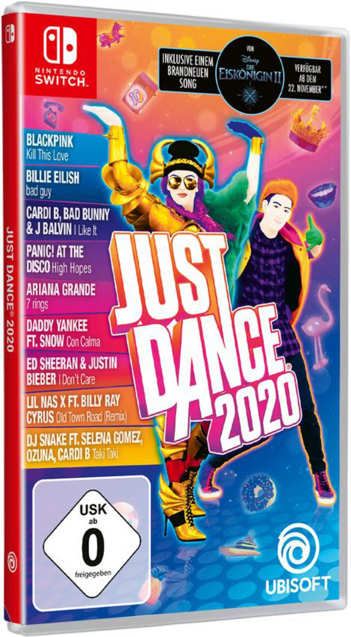 Just Dance 2020 Spielcover. Es zeigt Tänzer und den Titel des Spiels mit verschiedenen Songtiteln.