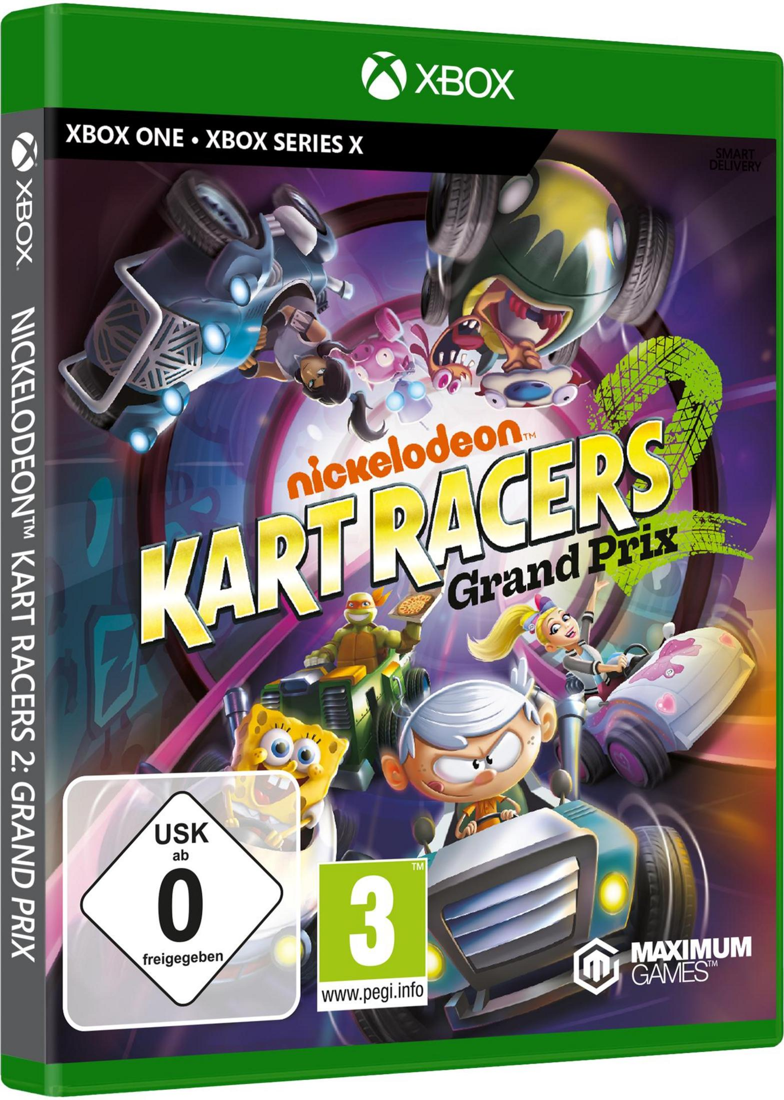 Die Vorderseite einer Spielbox für 'Nickelodeon Kart Racers 2'. Es zeigt Cartoon-Charaktere auf Karts.