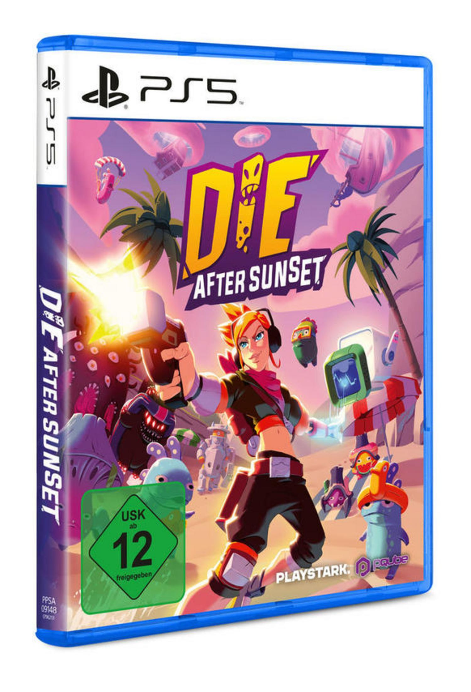 PS5-Spiel-Box-Art: Ein Mädchen mit einer Waffe in einer bunten, cartoonartigen, sonnenuntergangs-Themen-Szene.
