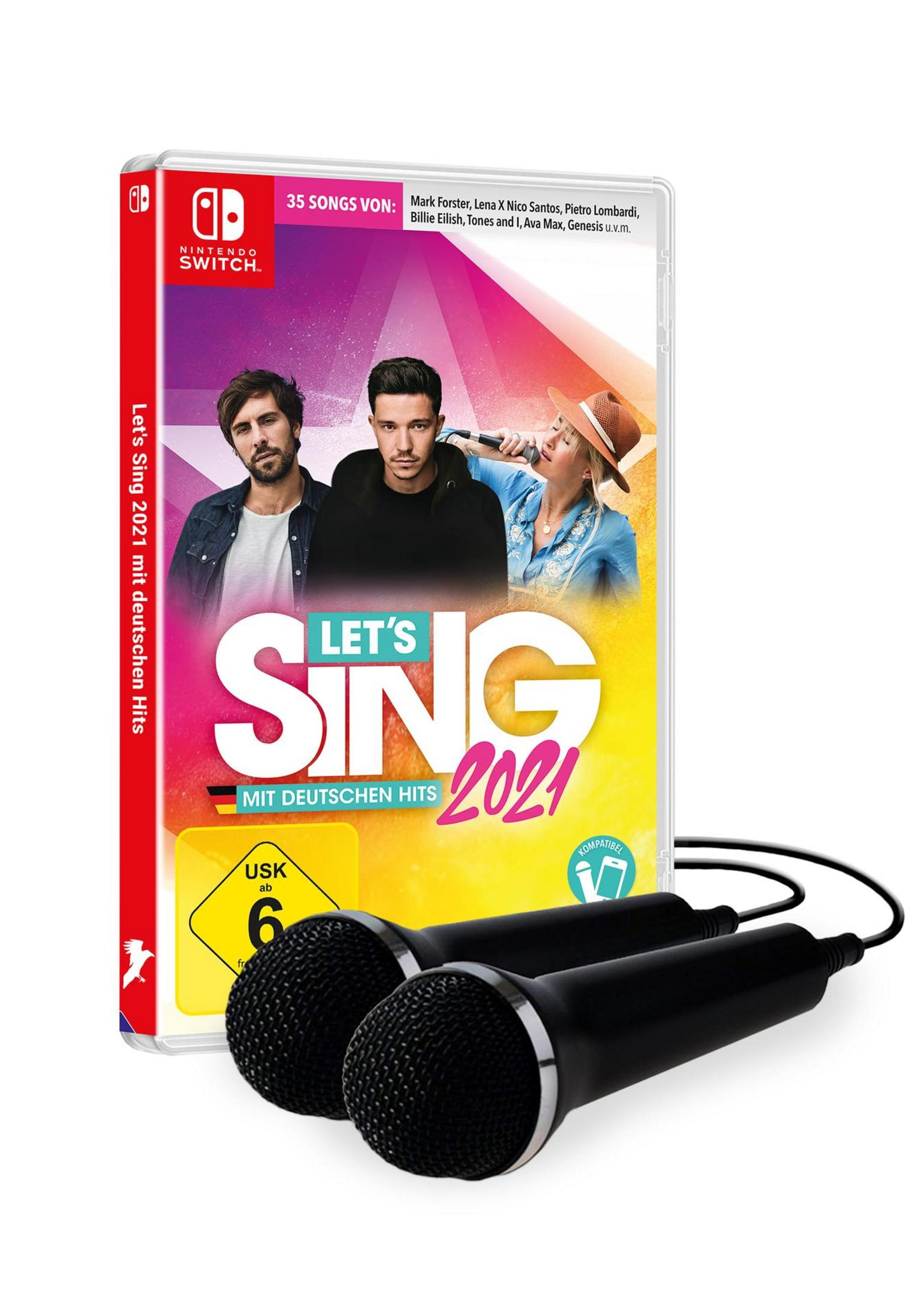 Let's Sing 2021 Spielbox mit zwei schwarzen Mikrofonen. Die Box hat ein Sängerbild.