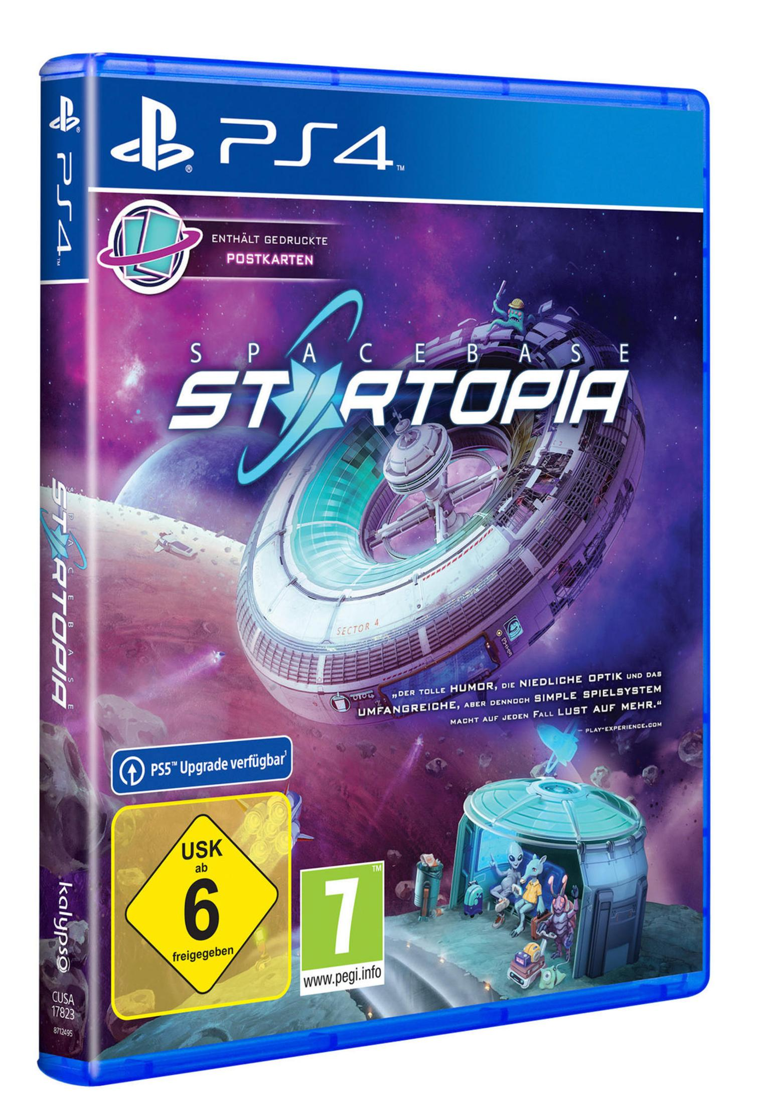 PS4-Spielbox von Spacebase Startopia. Zeigt eine Raumstation und Außerirdische in Blau und Lila.