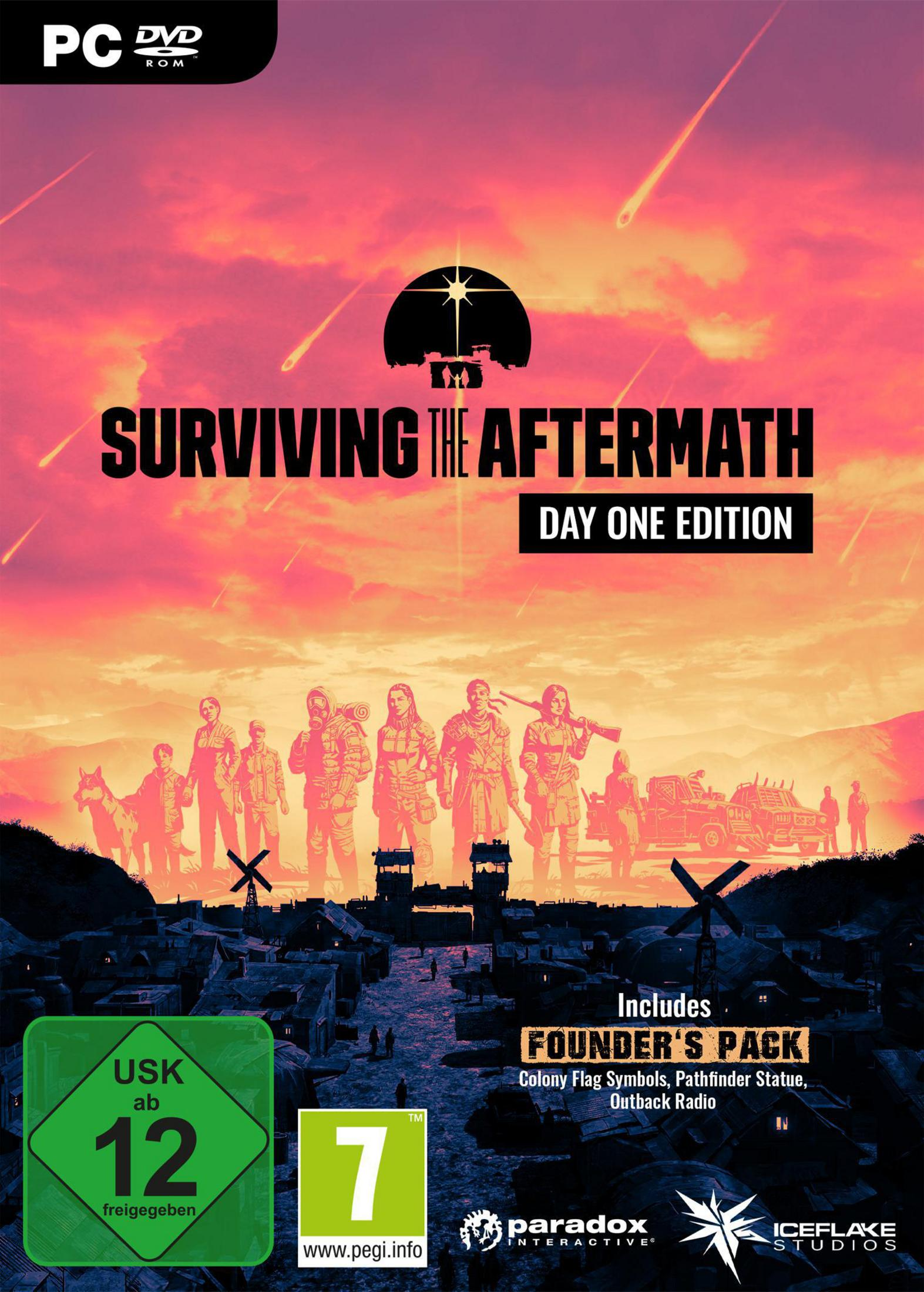Spiel-Cover für 'Surviving the Aftermath'. Zeigt Überlebende in einer postapokalyptischen Umgebung. Im Hintergrund ein Sonnenuntergang.