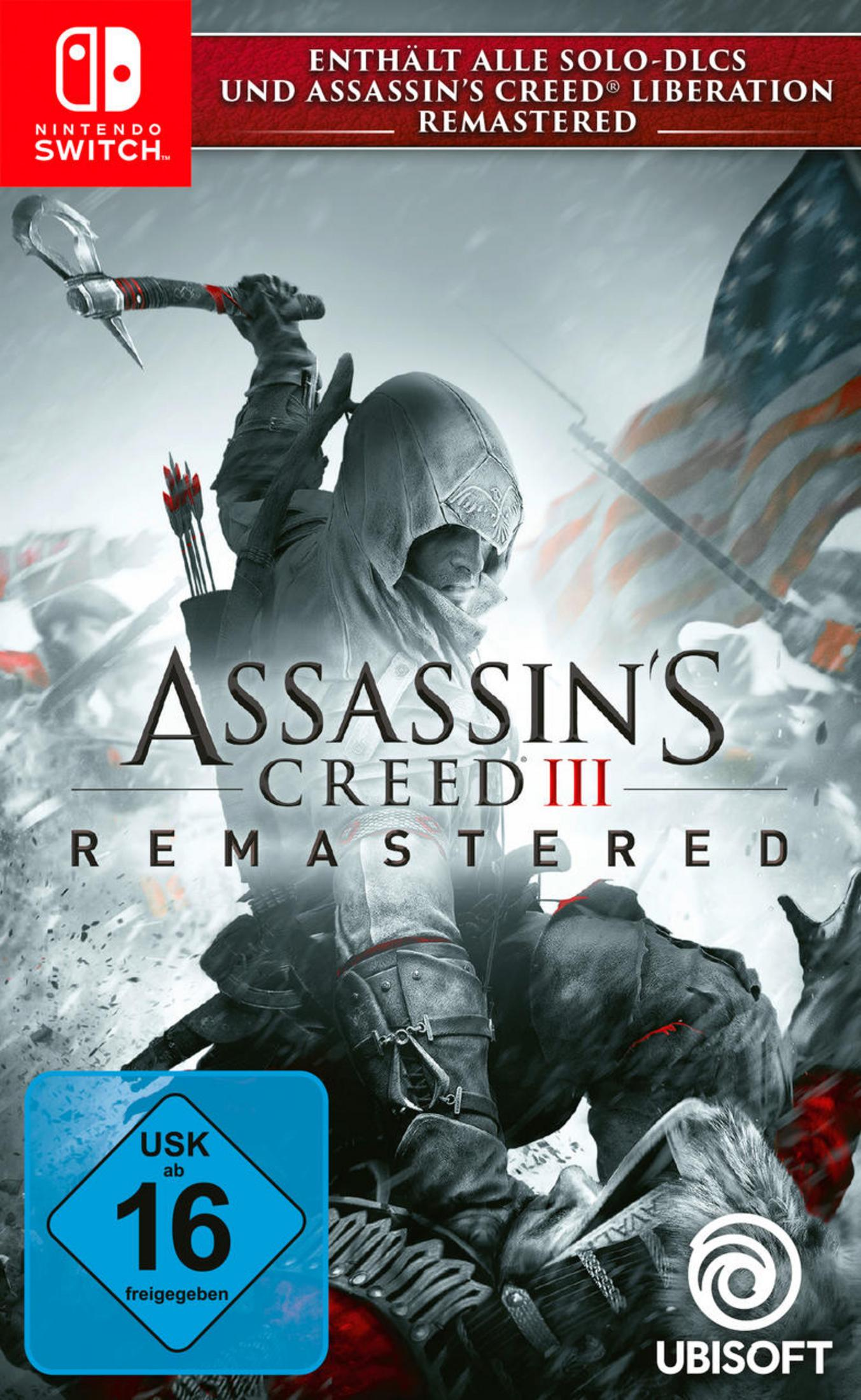 Videospiel-Box-Art für Assassin's Creed III Remastered, zeigt eine Kapuzenfigur.