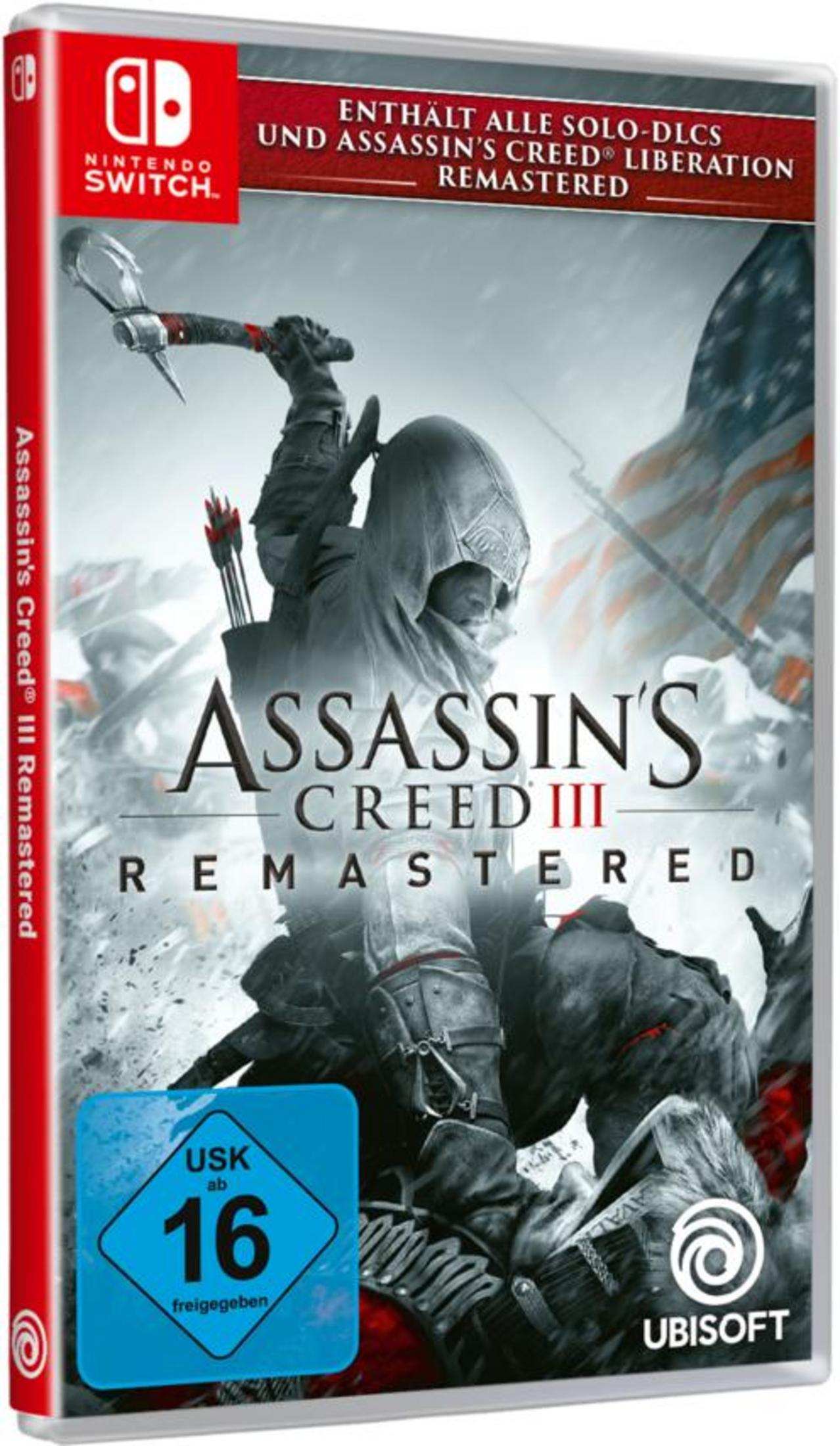 Assassin's Creed III Remastered Spielbox. Das Bild zeigt eine Kampfszene und Spieldetails.