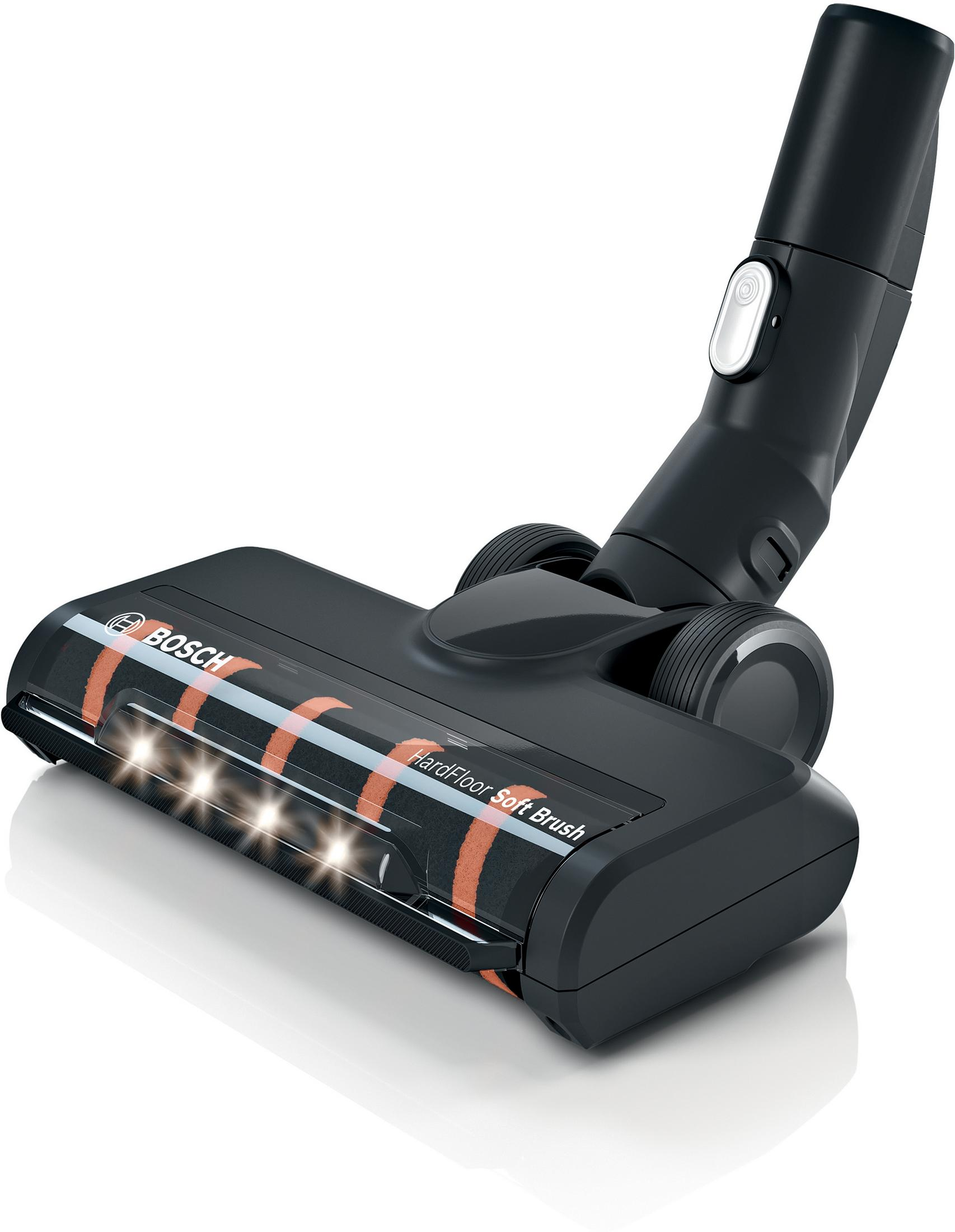 Czarna głowica odkurzacza Bosch, pod kątem. Ma pomarańczowe akcenty i światła.