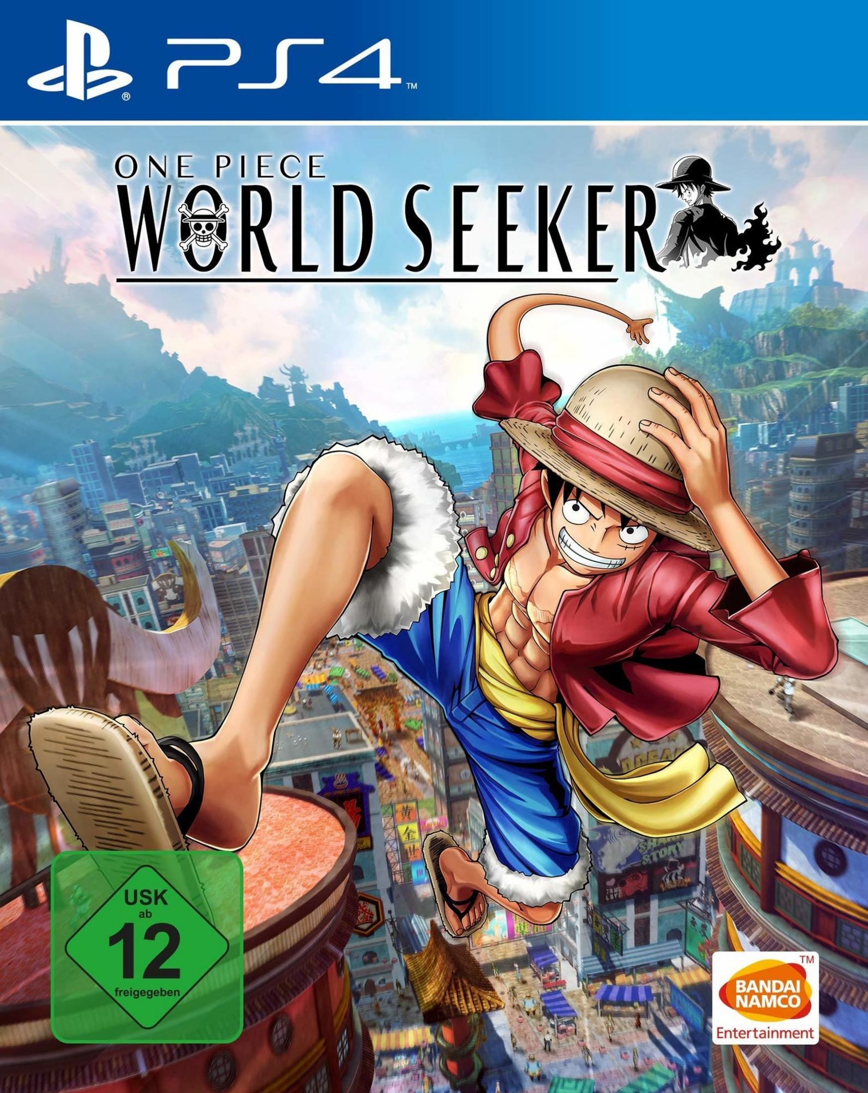 One Piece World Seeker PS4-Spielcover. Luffy ist in der Luft, mit Stadt-Hintergrund.