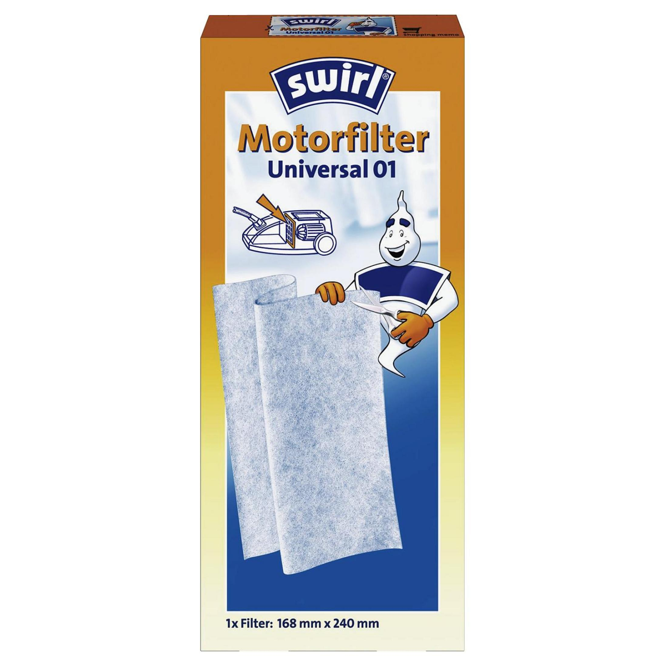 Eine Box mit Swirl Motorfilter, mit Cartoon-Figur, auf weißem Hintergrund.