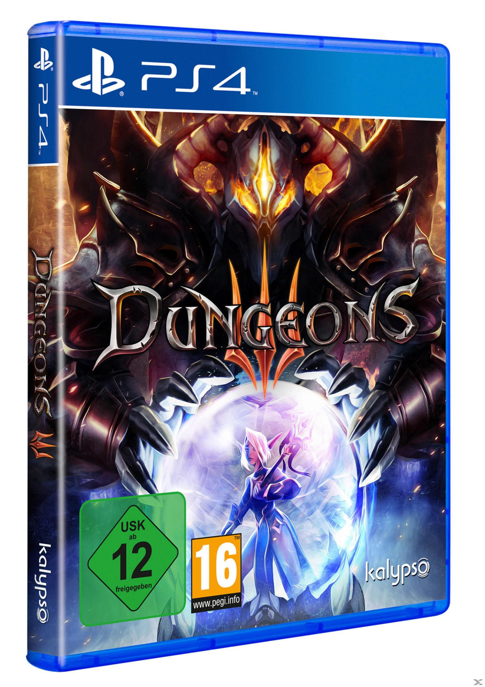 PS4-Spielbox: Dungeons, mit einer dunklen Fantasy-Szene und einem PS4-Logo.