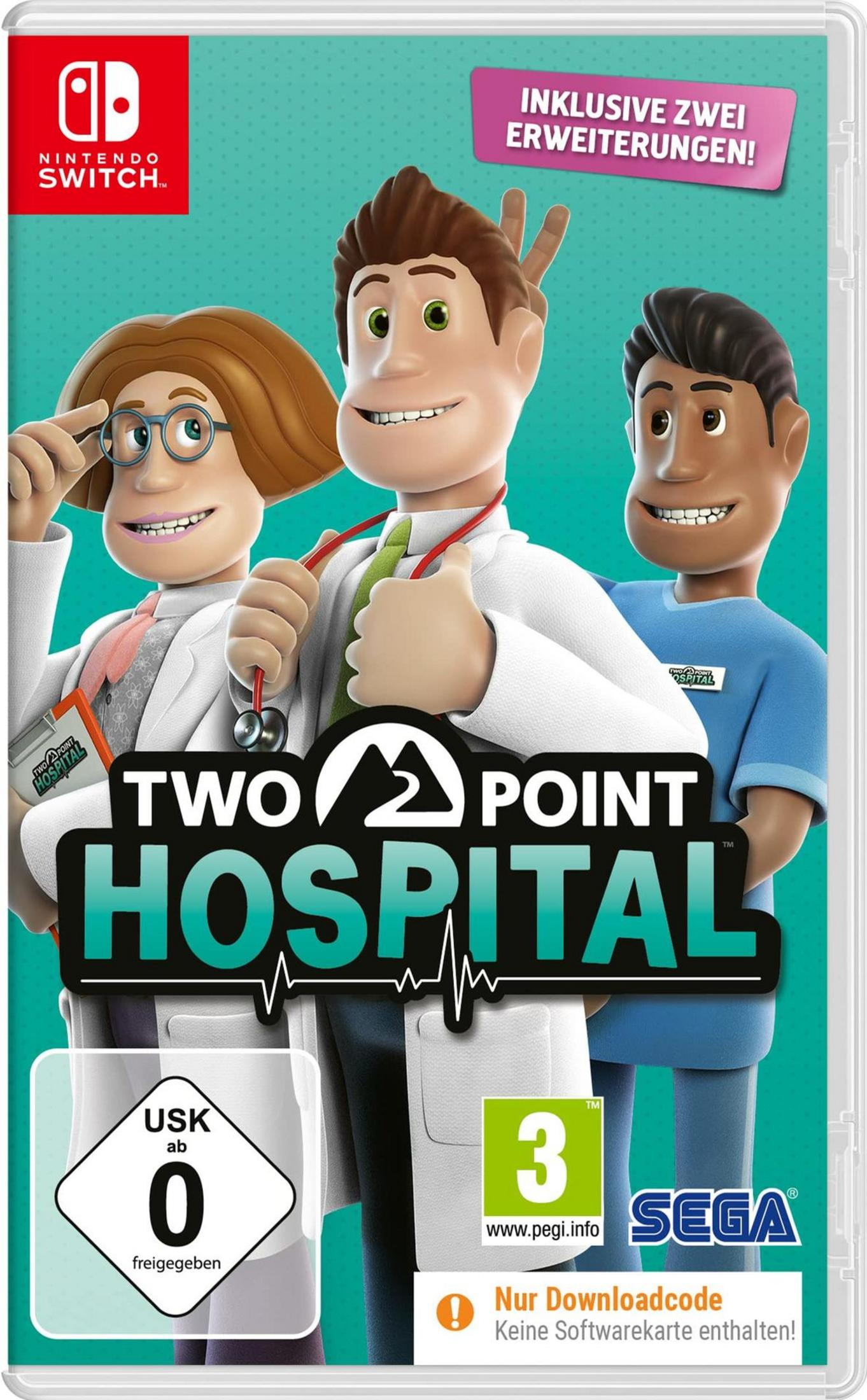 Spiel-Cover, das drei Ärzte zeigt. Der Titel lautet 'Two Point Hospital Jumbo Edition'.