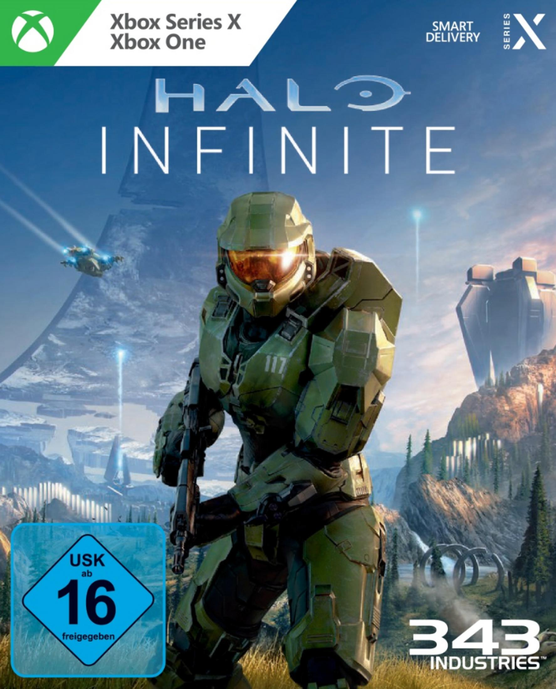 Halo Infinite Spielcover. Master Chief in grüner Rüstung mit Waffe. Raumschiff im Hintergrund.