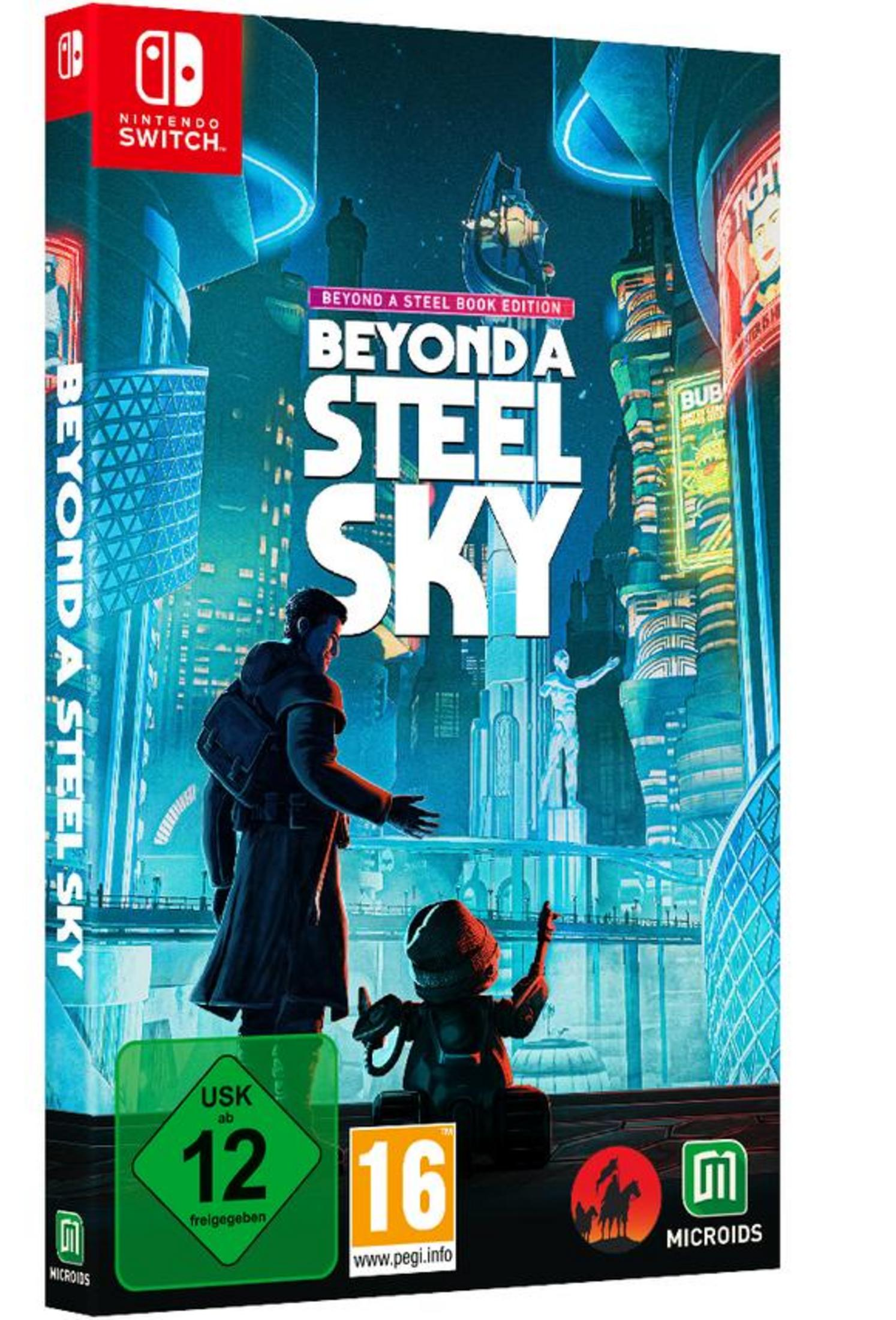Eine Nintendo Switch-Spielbox mit dem Titel Beyond a Steel Sky, mit Spielfiguren auf dem Cover.