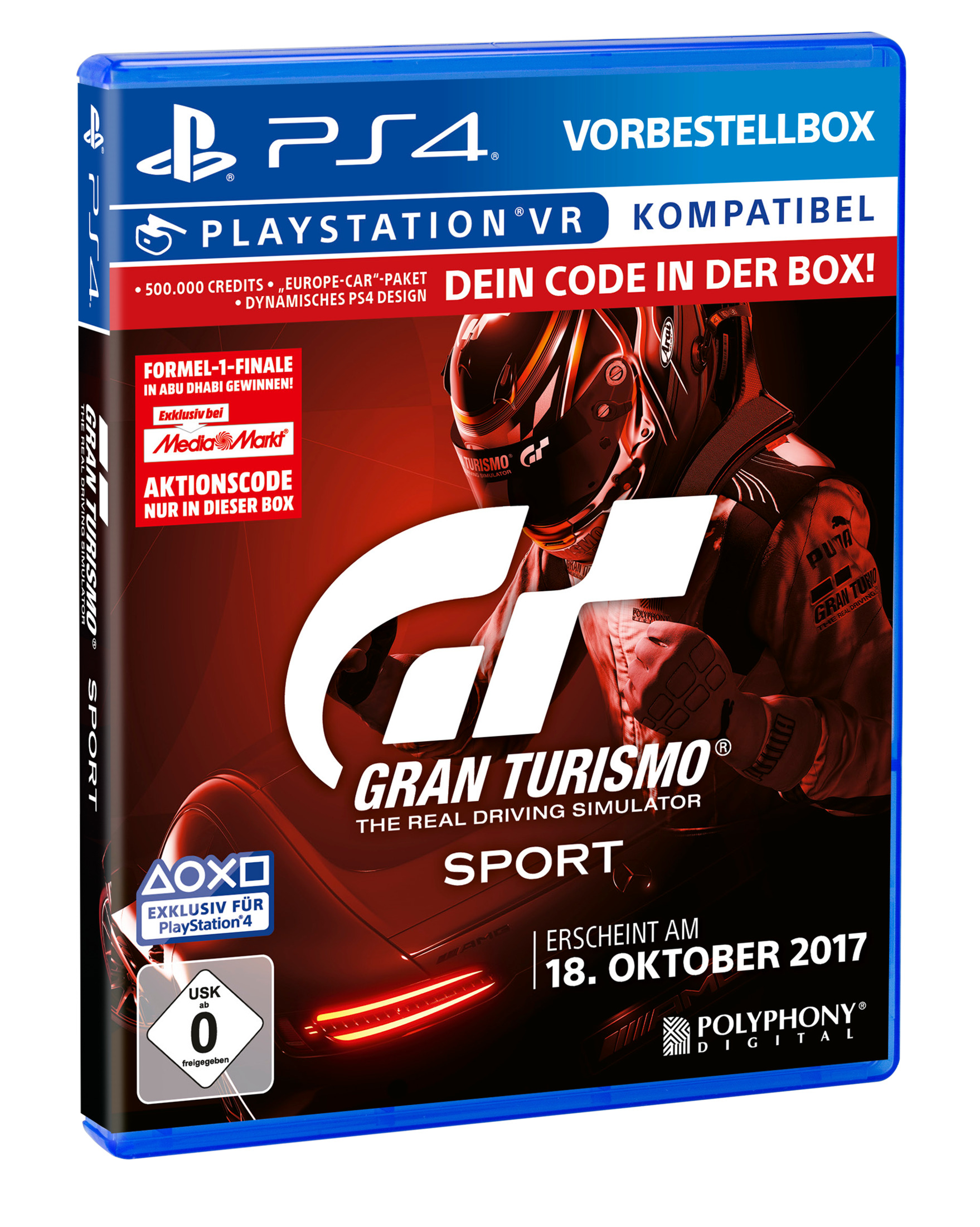 PS4 Gran Turismo Sport Spielbox, schwarz und blau. Rennwagenbild auf der Vorderseite.