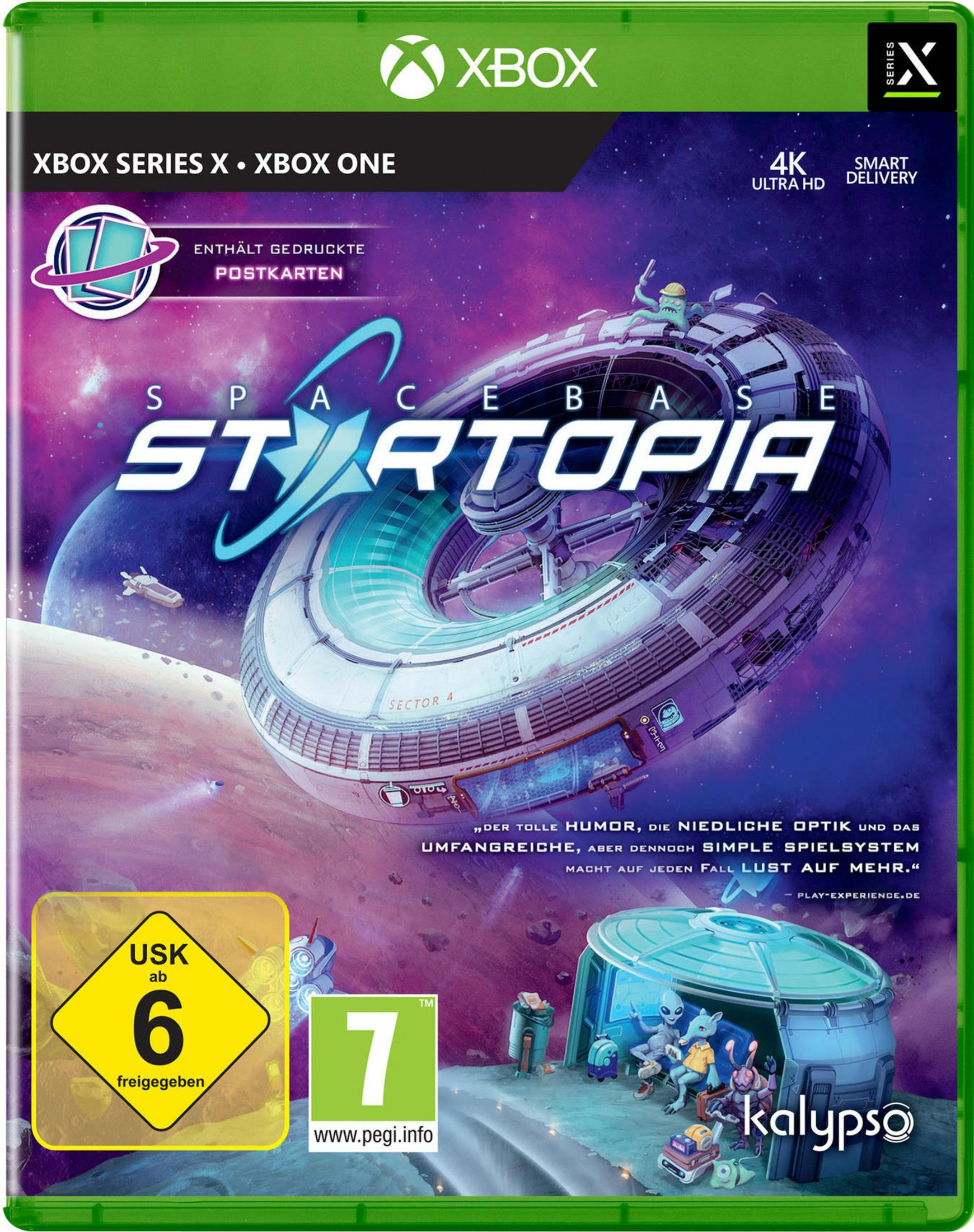 Xbox-Spielbox, Spacebase Startopia, zeigt eine Raumstation und Aliens. Grün und Lila.