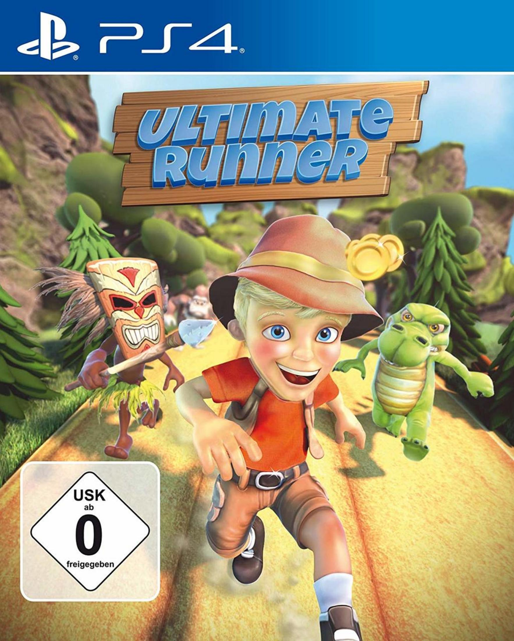 PS4-Spielbox: 'Ultimate Runner', ein Junge rennt mit einem Dinosaurier und einer Stammesfigur.
