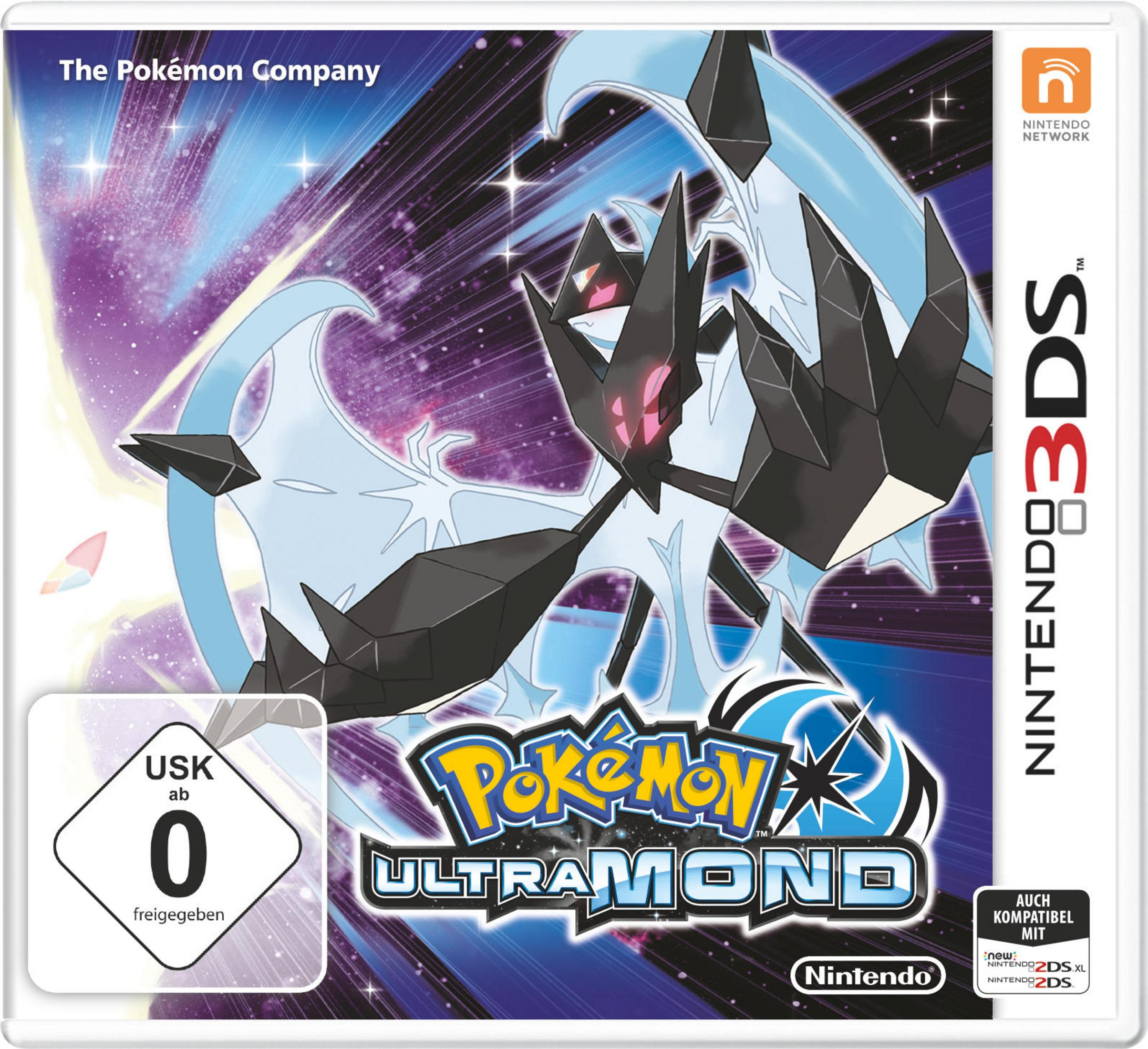 Die Vorderseite einer Spielbox für 'Pokemon Ultra Moon'. Es zeigt eine schwarz-blaue Kreatur.